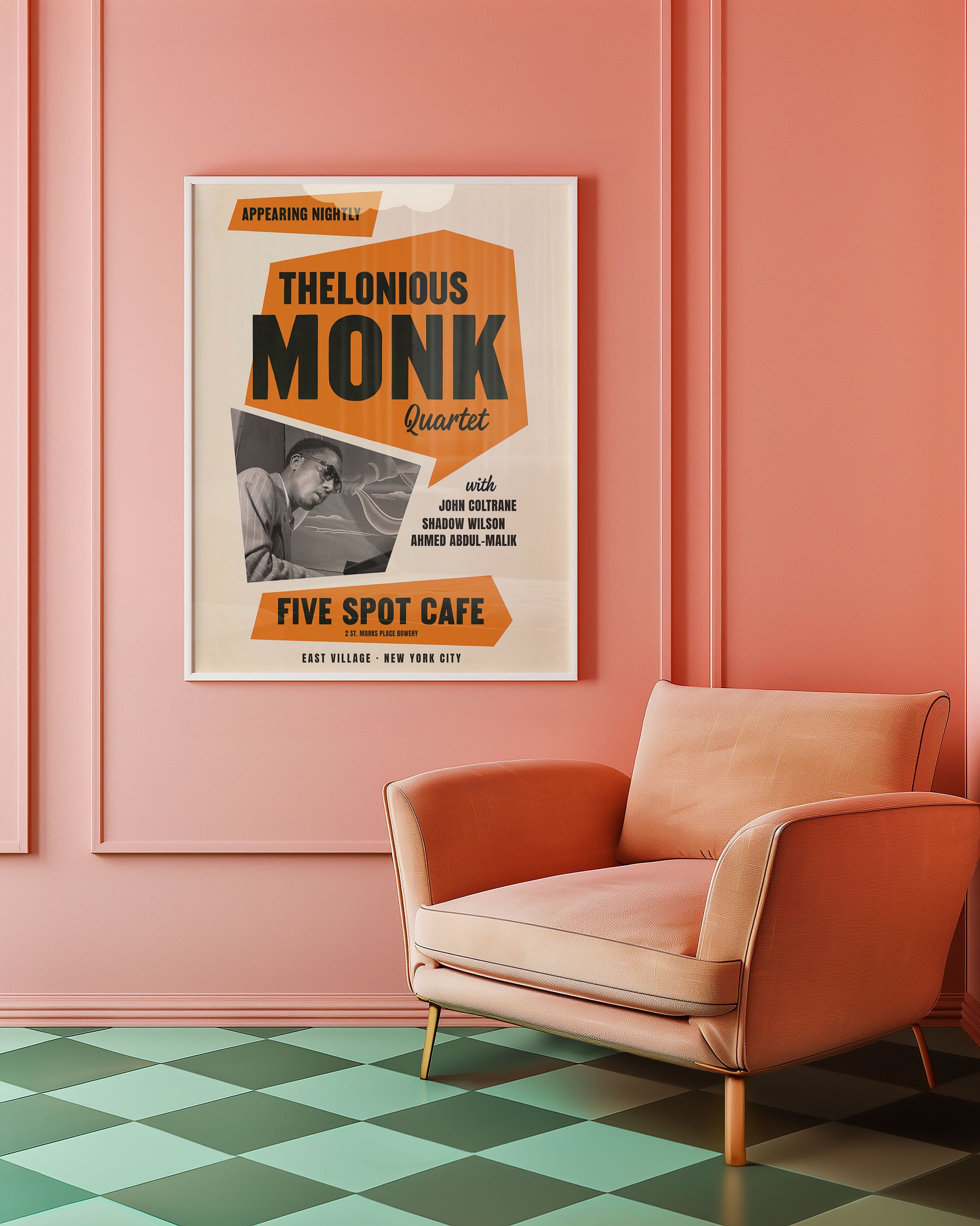 retro wall art Poster of Thelonious Monk  on a pink wall above a peach armchair with green checkered floor.