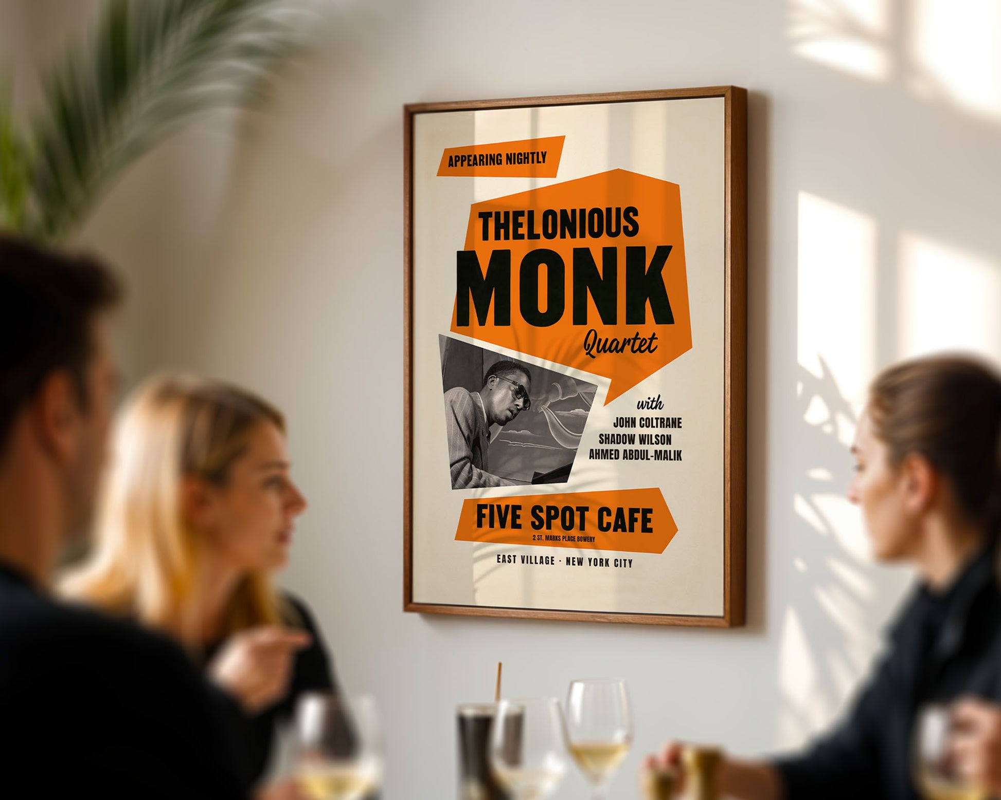 living room wall art of Thelonious Monk Quartet at Five Spot Cafe in a restaurant setting