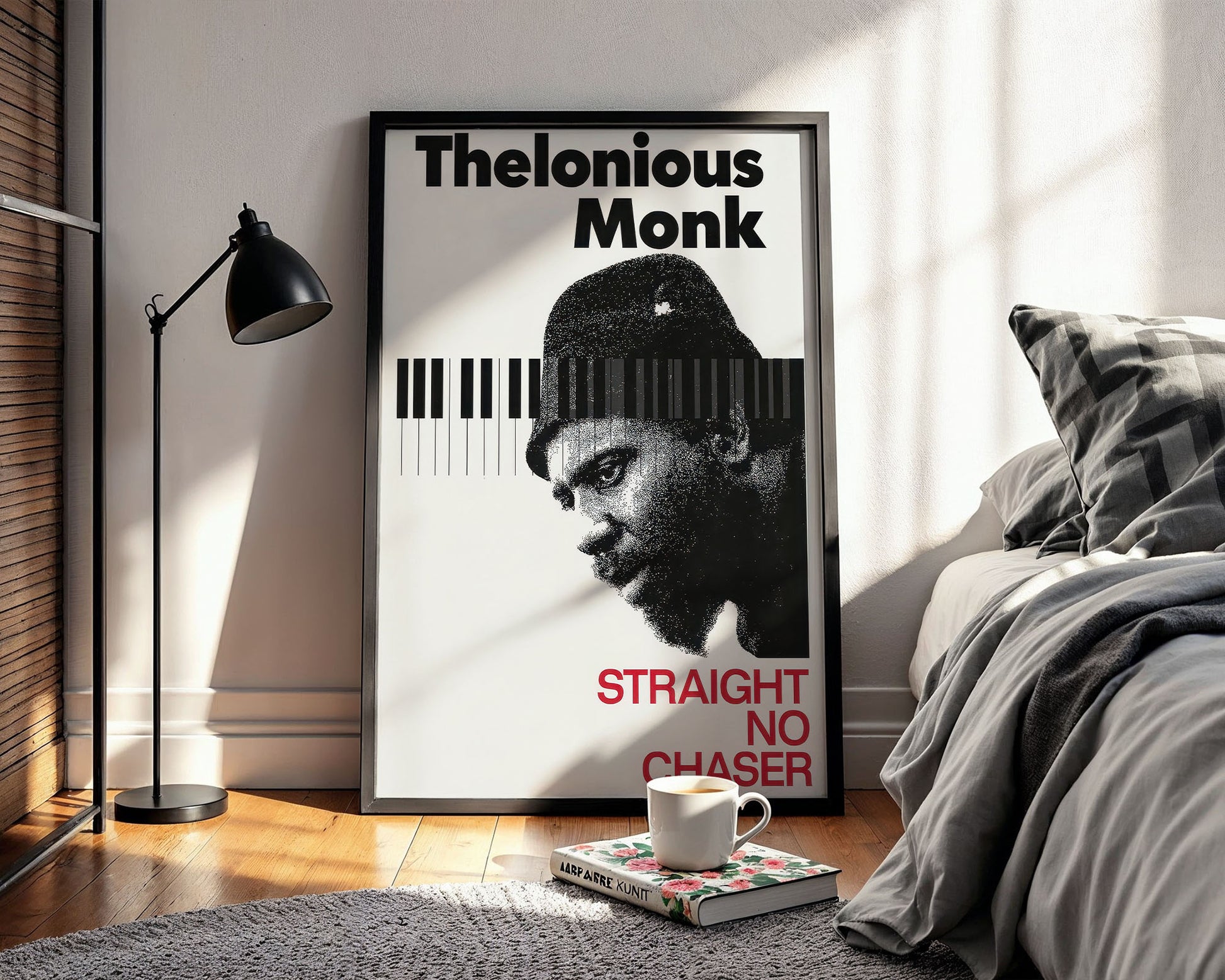 Poster of Thelonious Monk in a bedroom with a lamp and bed.
