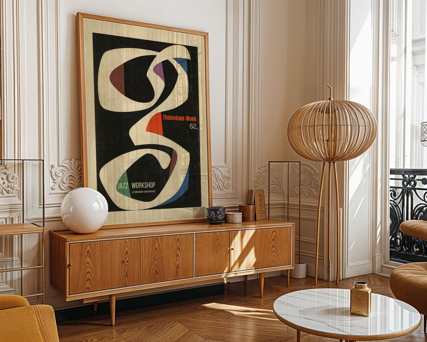 Modern living room with wooden sideboard, abstract art, and decorative items.