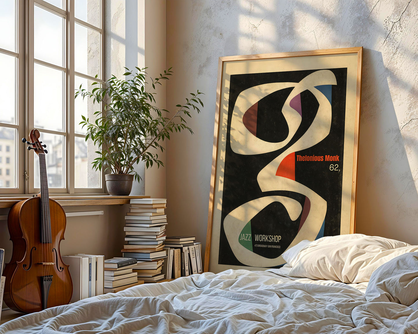 Abstract vintage jazz poster featuring Thelonious Monk 1962 with bold modernist shapes and typography
