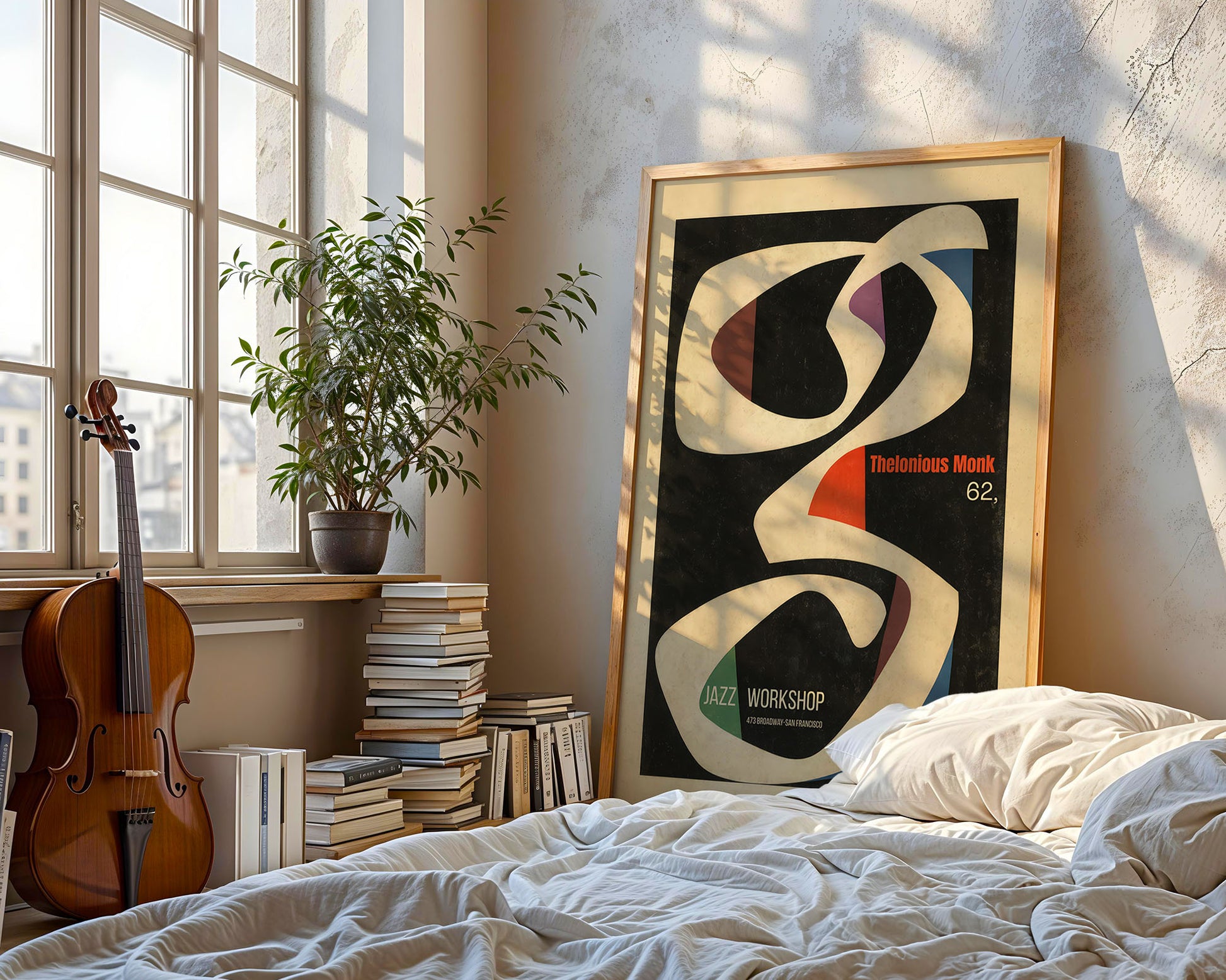 Abstract vintage jazz poster featuring Thelonious Monk 1962 with bold modernist shapes and typography
