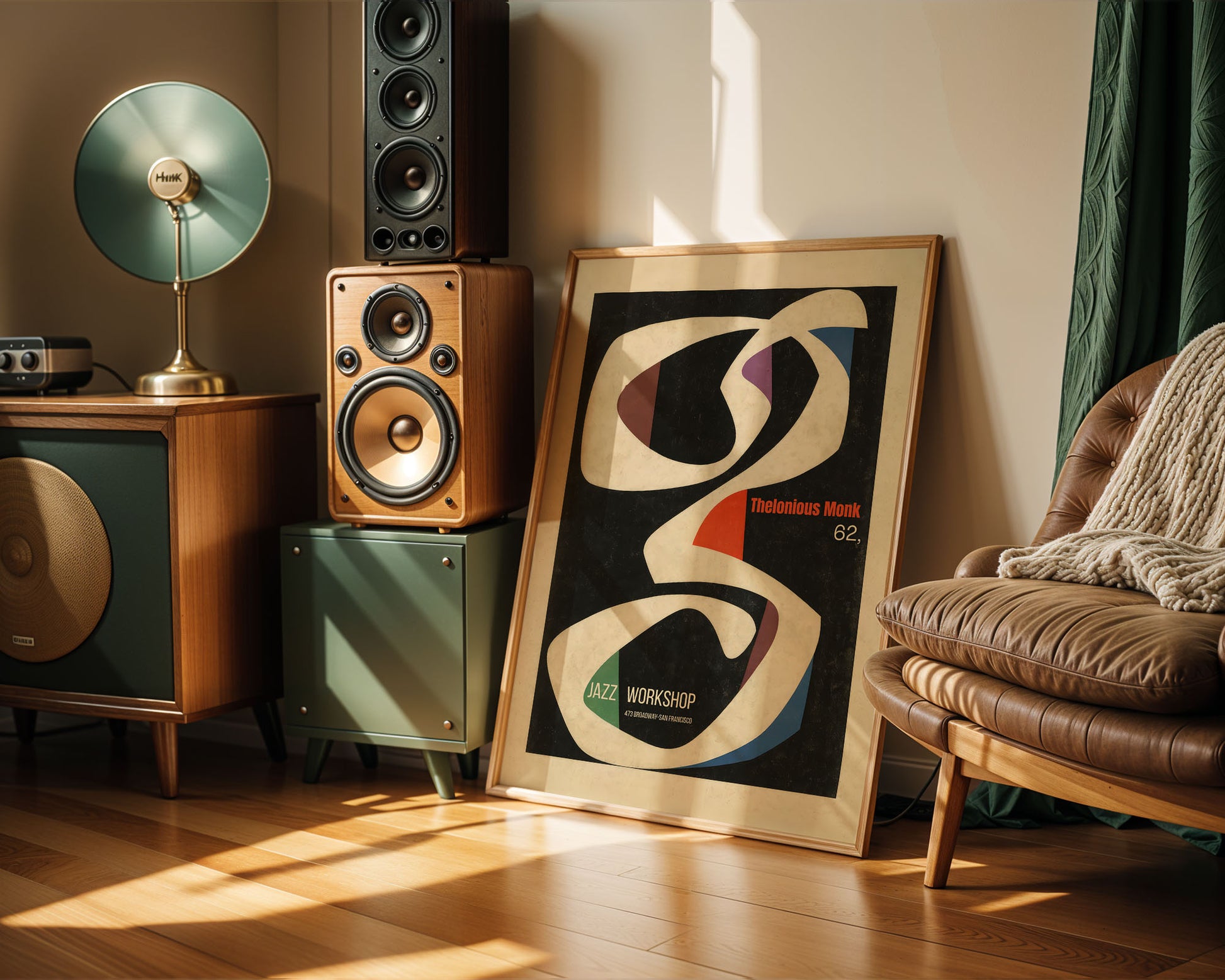Living room with speakers, a lamp, and a framed abstract poster.