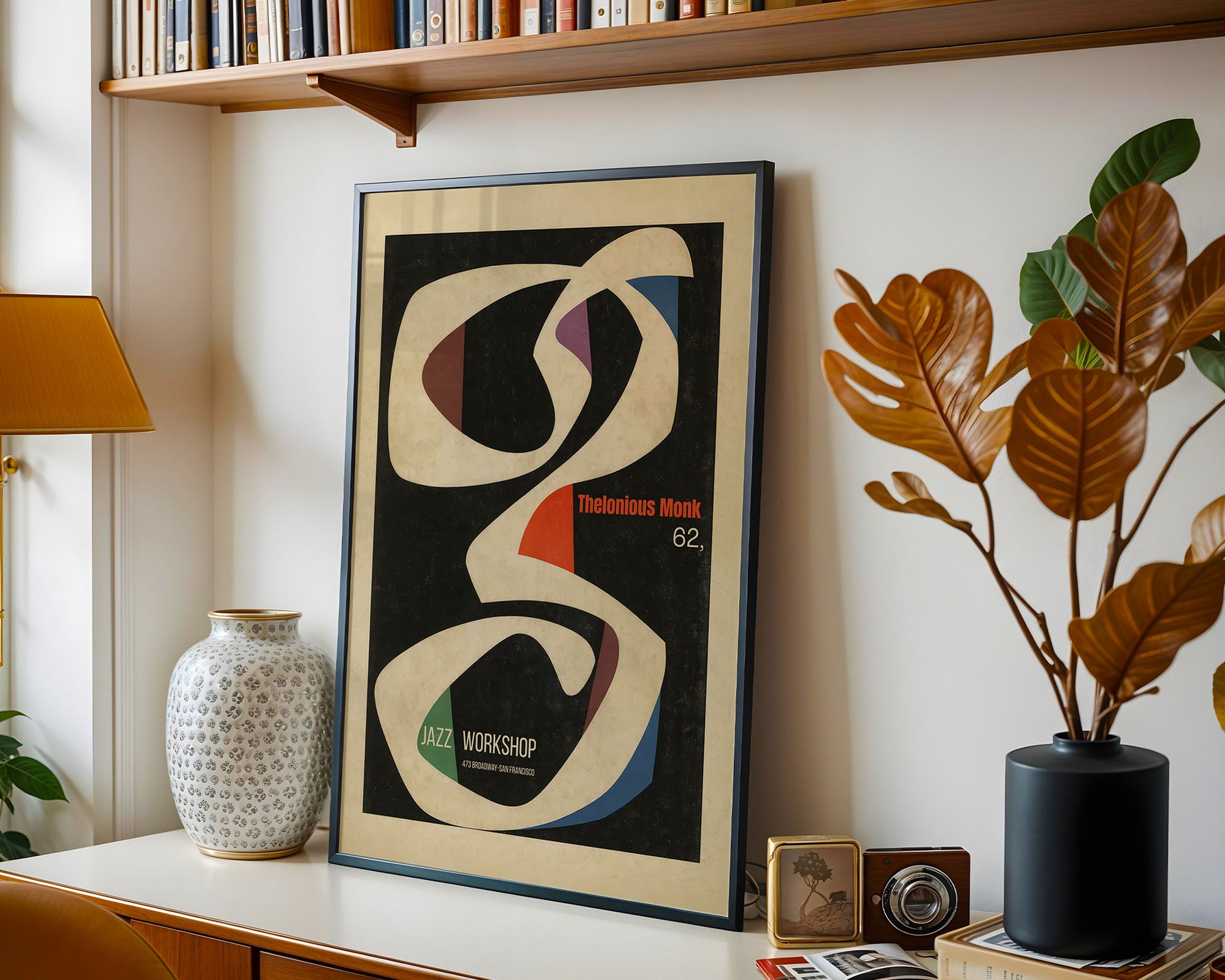 Mid-century modern poster styled in clean Scandinavian inspired living space