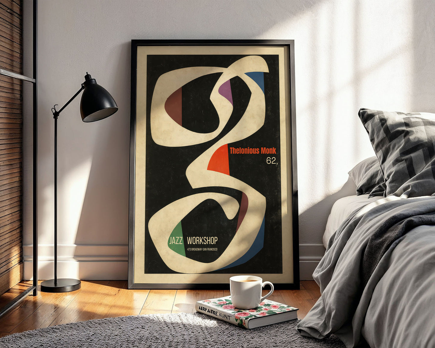 Mid-century modern wall art print featured in neutral interior design space