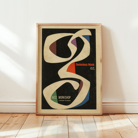 Thelonious Monk 1962 Jazz Workshop San Francisco poster in mid century modern abstract typography style
