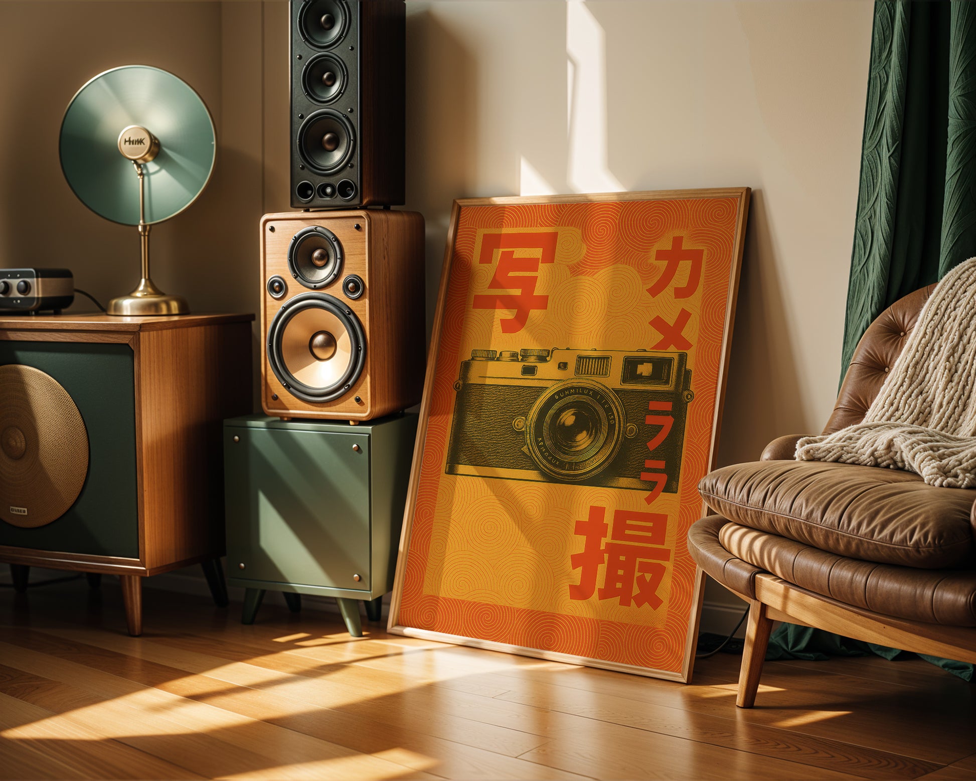 Room interior with speakers, a poster of a camera, and a brown chair.