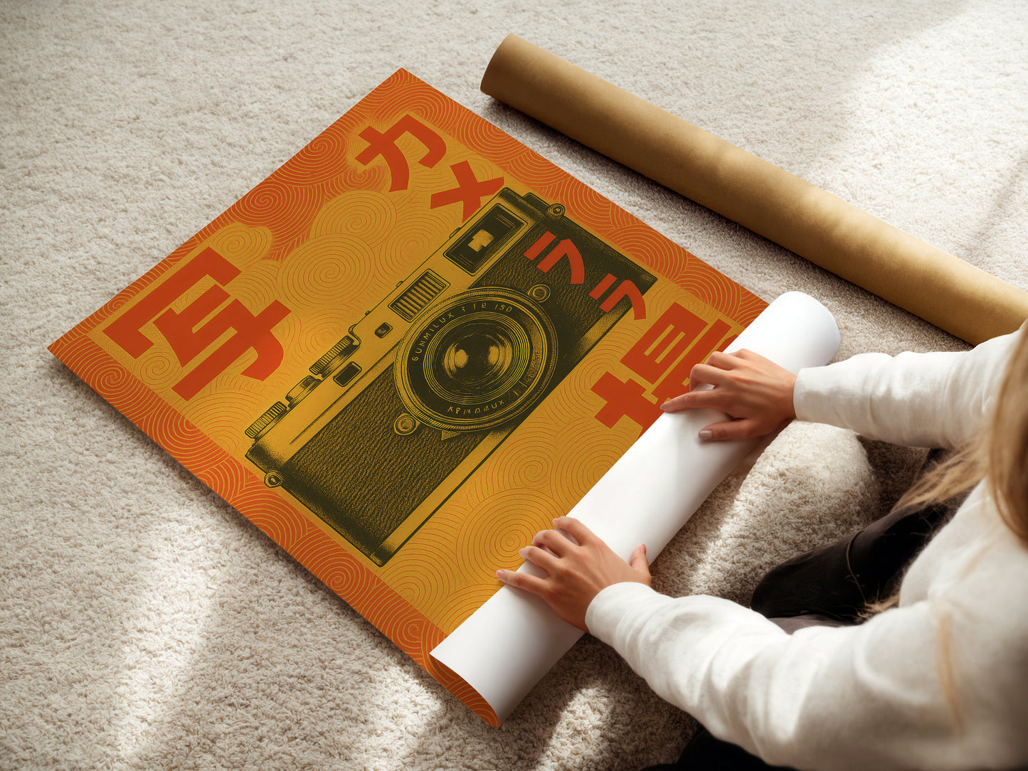 Person unrolling a poster with a vintage camera design on a light-colored floor.
