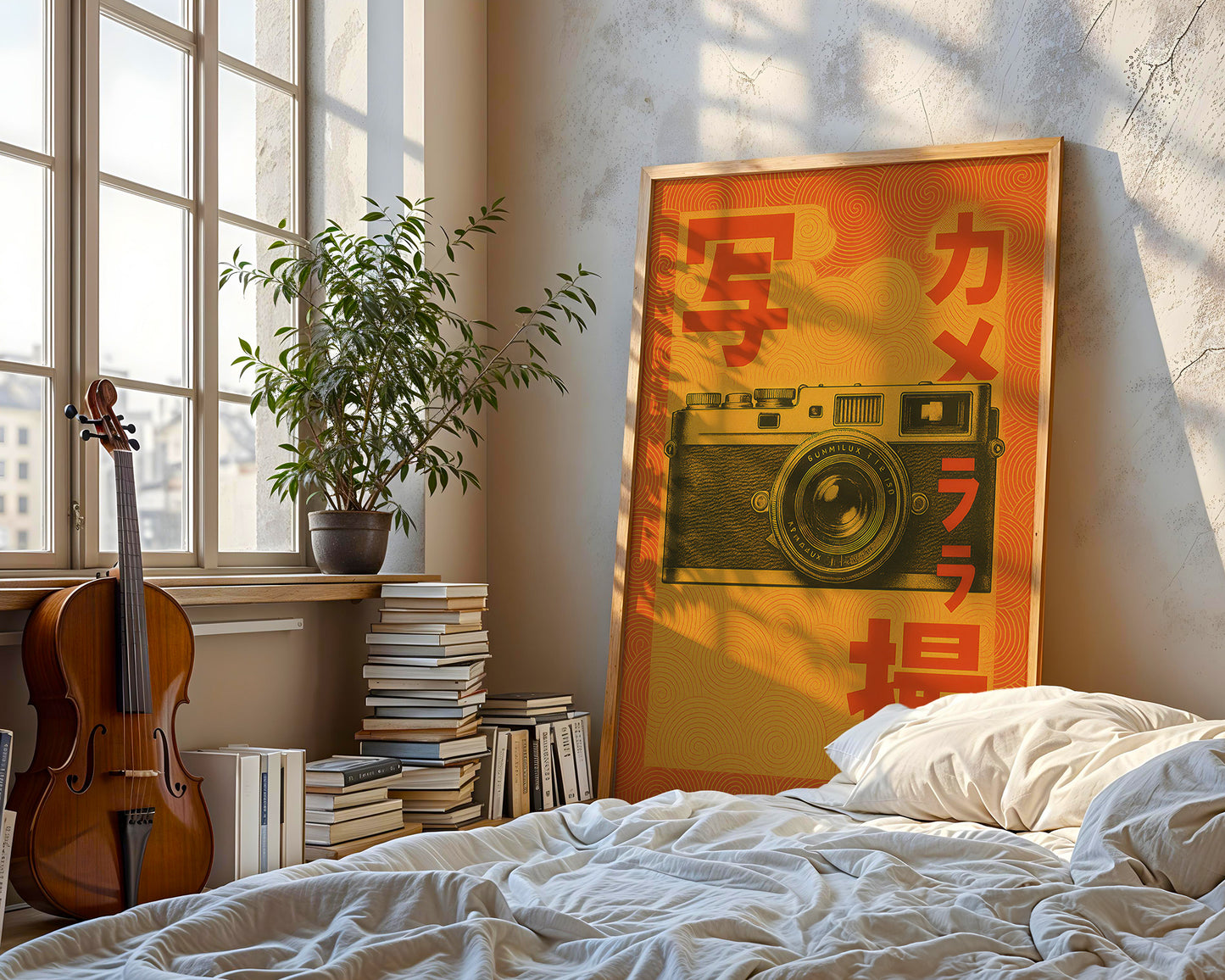 Framed poster of a camera on a wall next to a bed with books and a violin in a room.