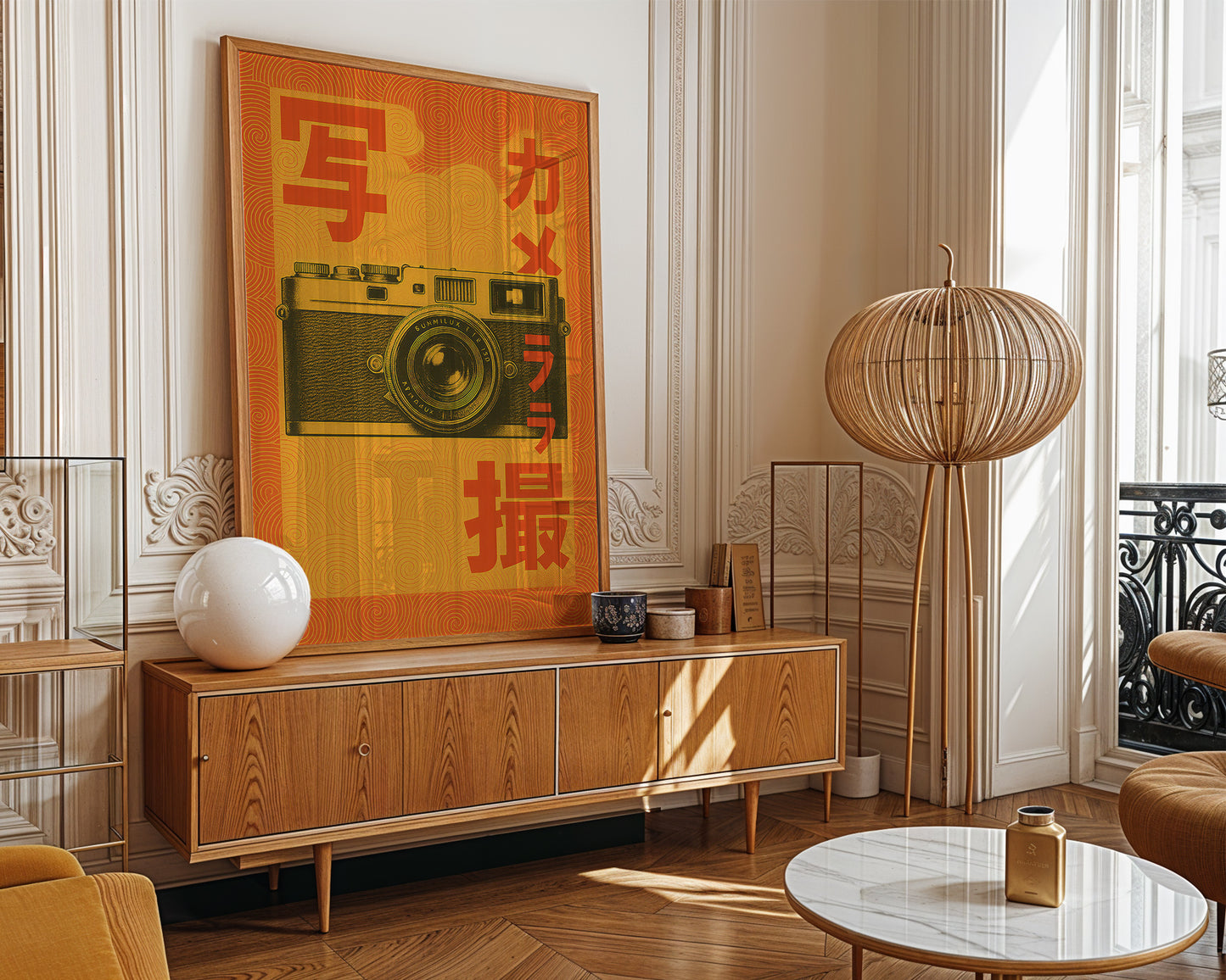 Modern living room with wooden sideboard, round marble table, and decorative poster.