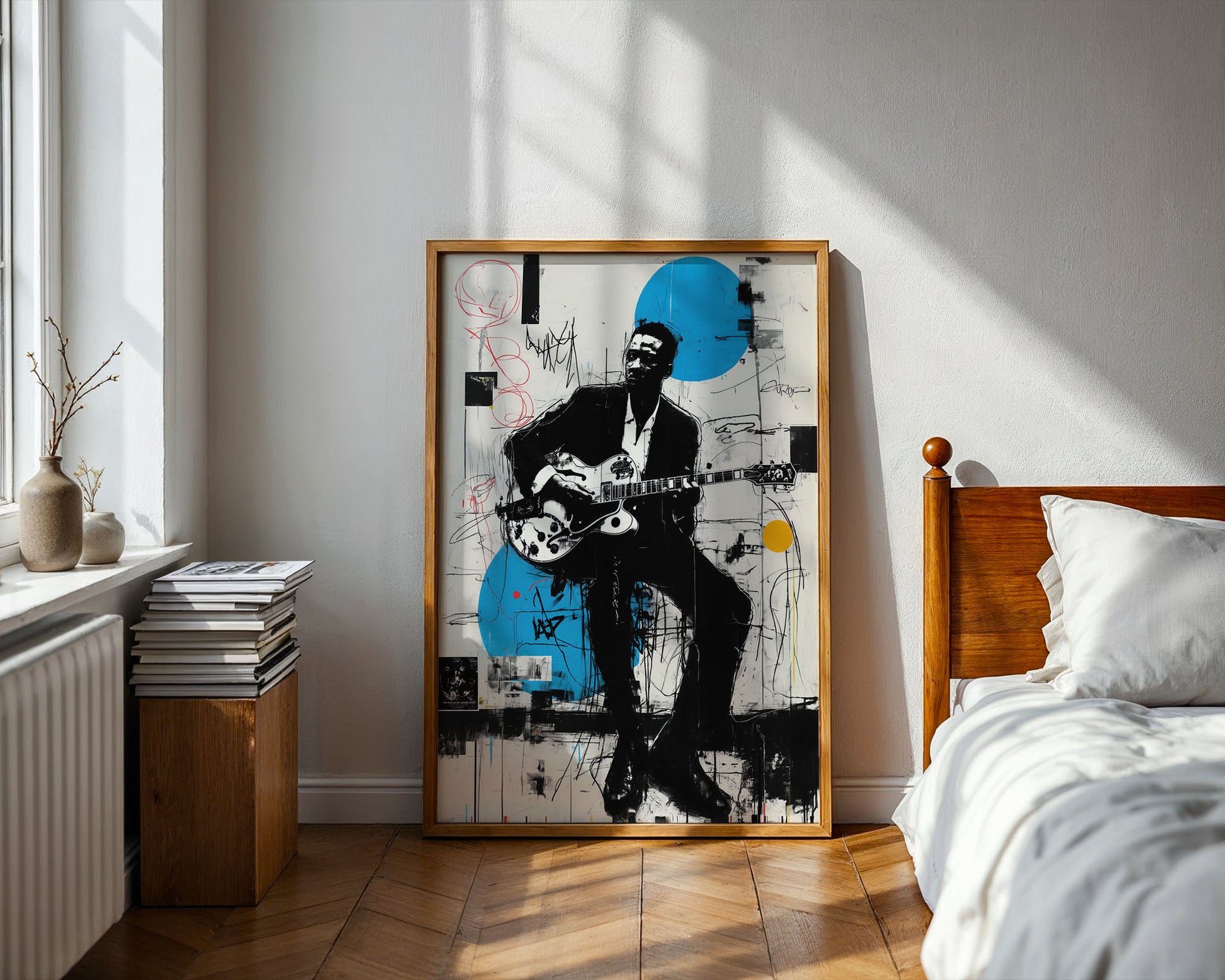 Colourful mid-century style poster adding bold accent to modern home interior