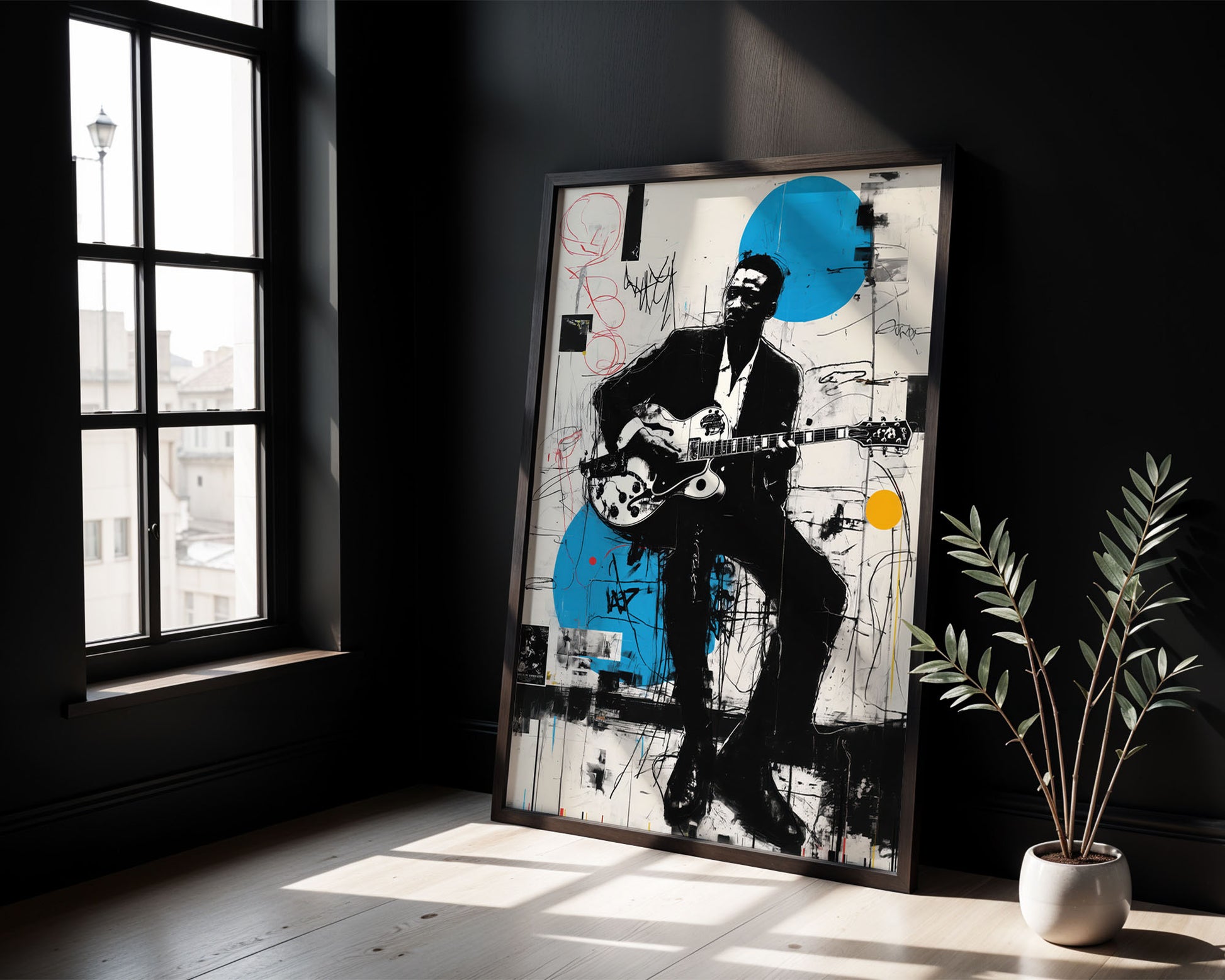 Framed artwork of a musician playing guitar in a room with a window and plant.