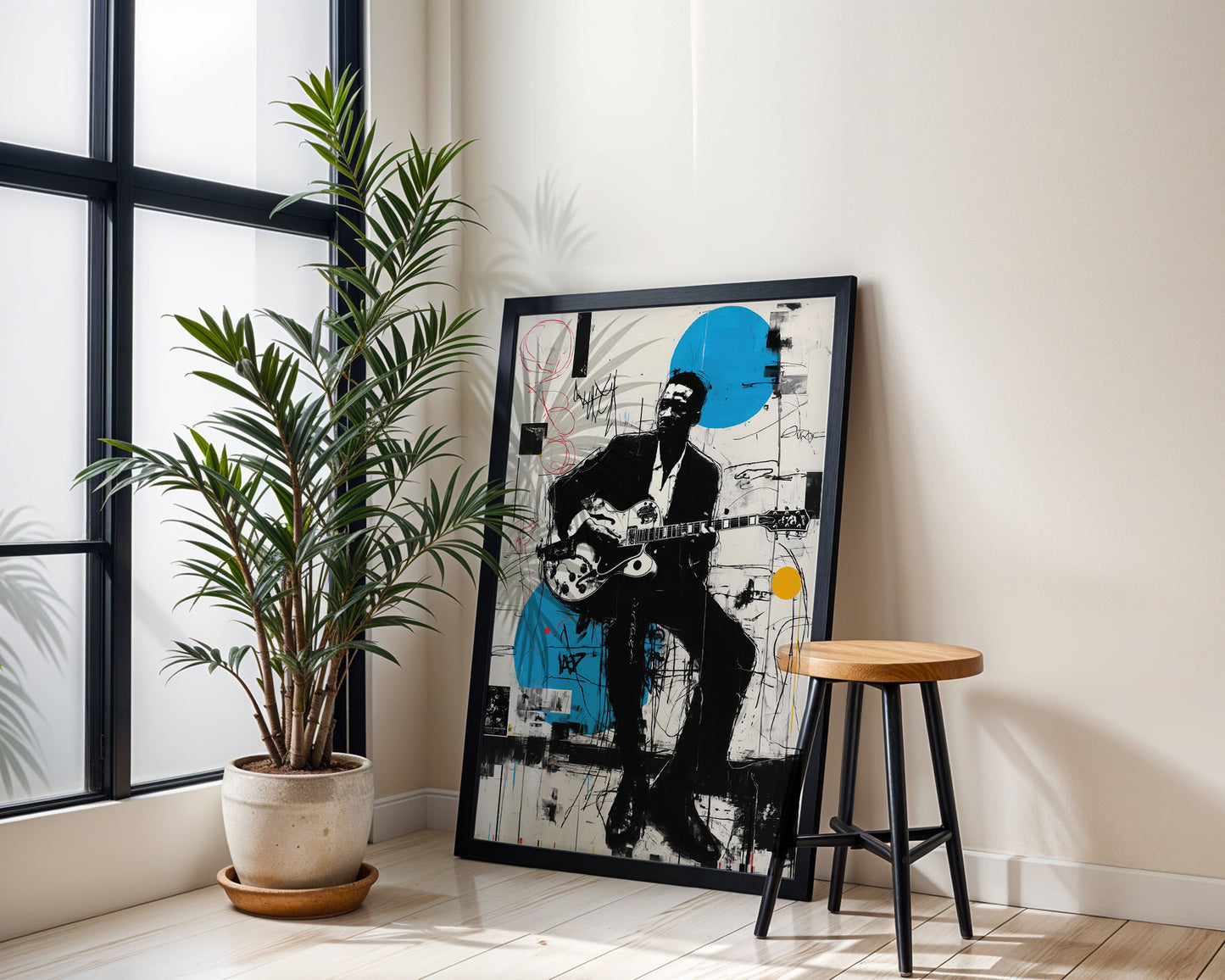 Blues music wall art print featuring seated guitarist in expressive abstract modern style from Wallgarde
