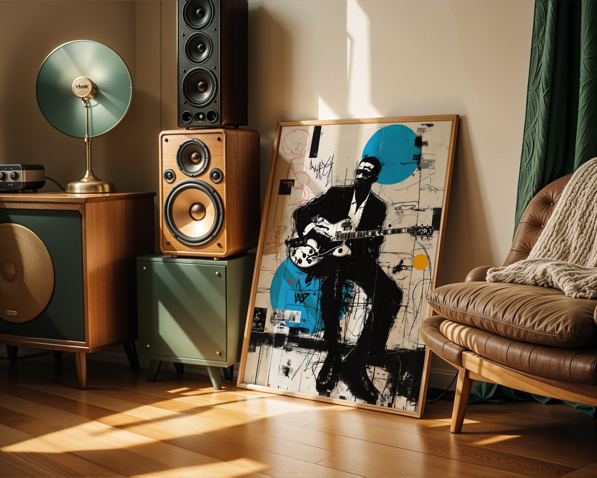Mid-century modern Jazz wall art print featured in neutral interior design space