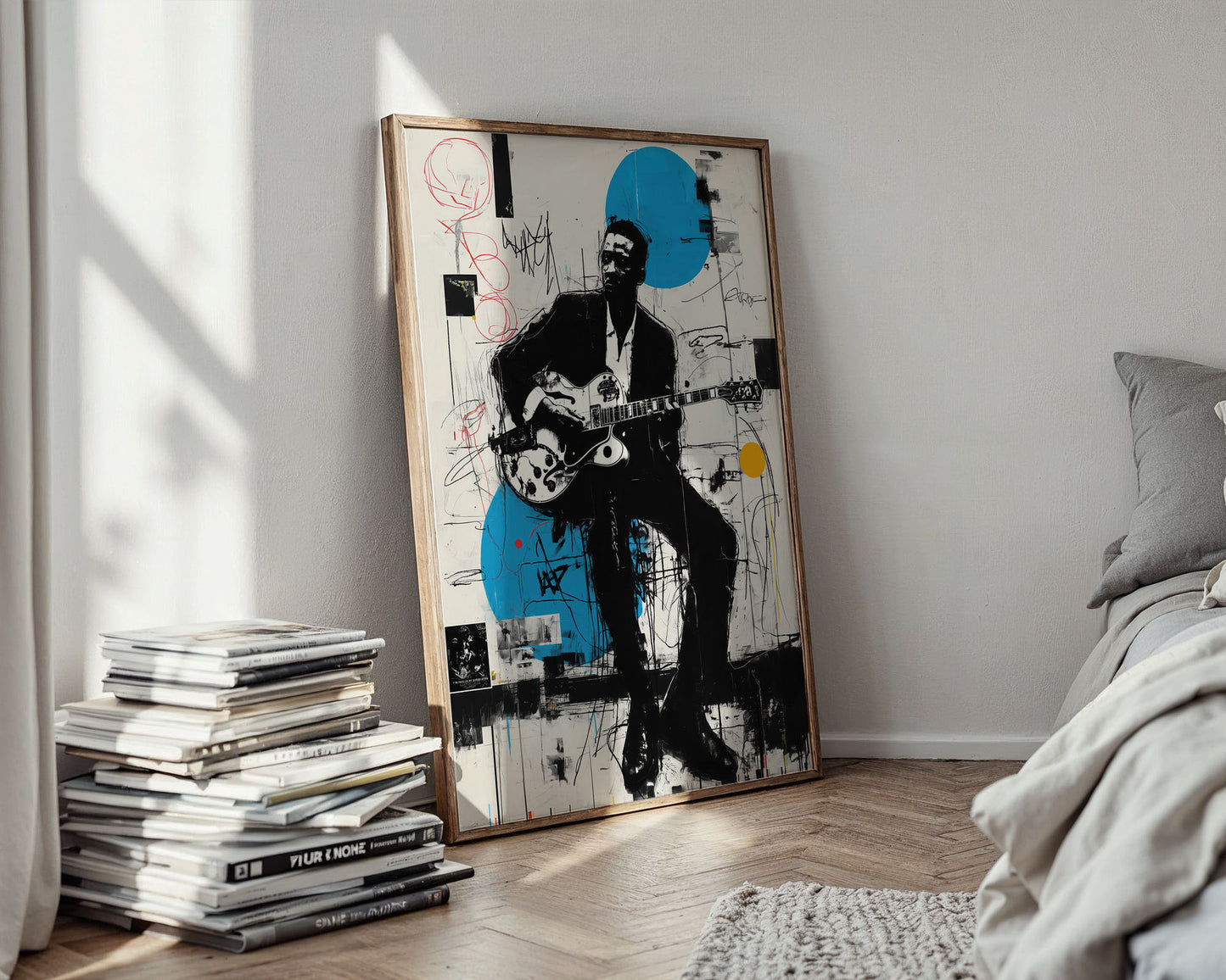 Artistic depiction of a person playing guitar in a room with books and a bed.