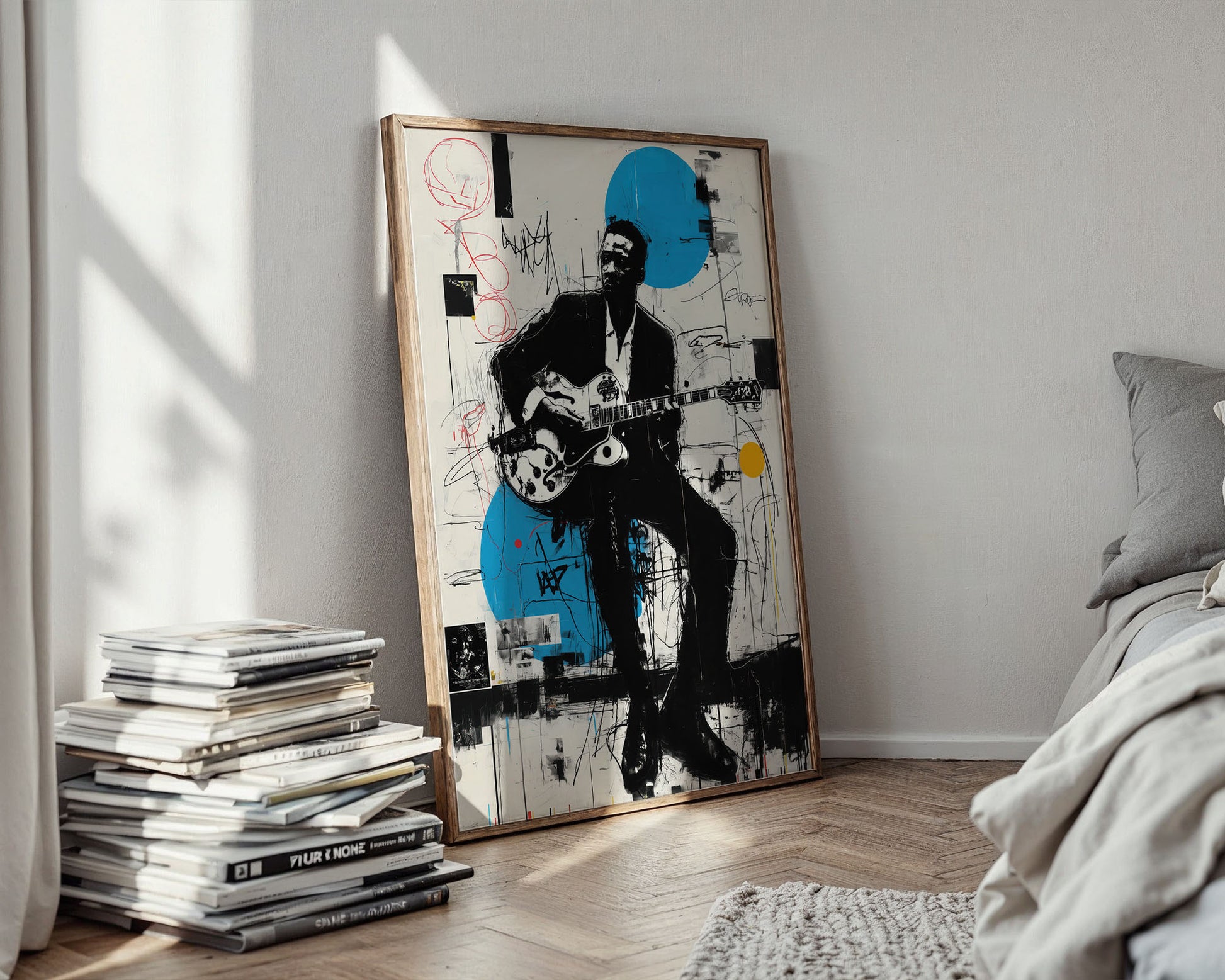 Artistic depiction of a person playing guitar in a room with books and a bed.