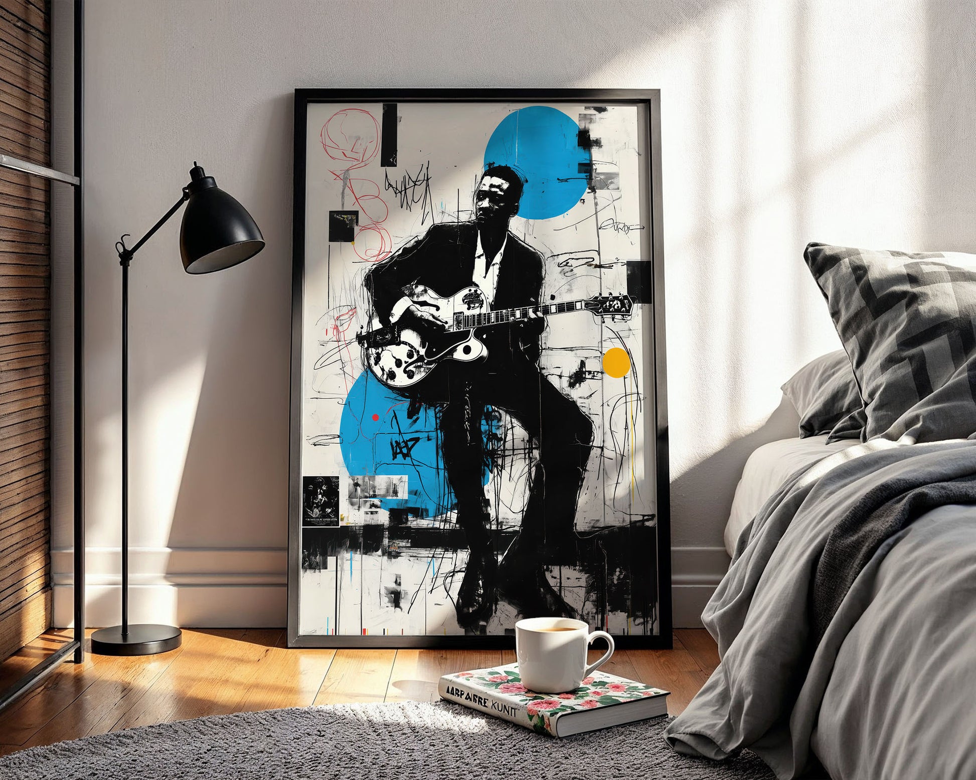 Framed abstract artwork of a musician playing guitar in a modern bedroom.