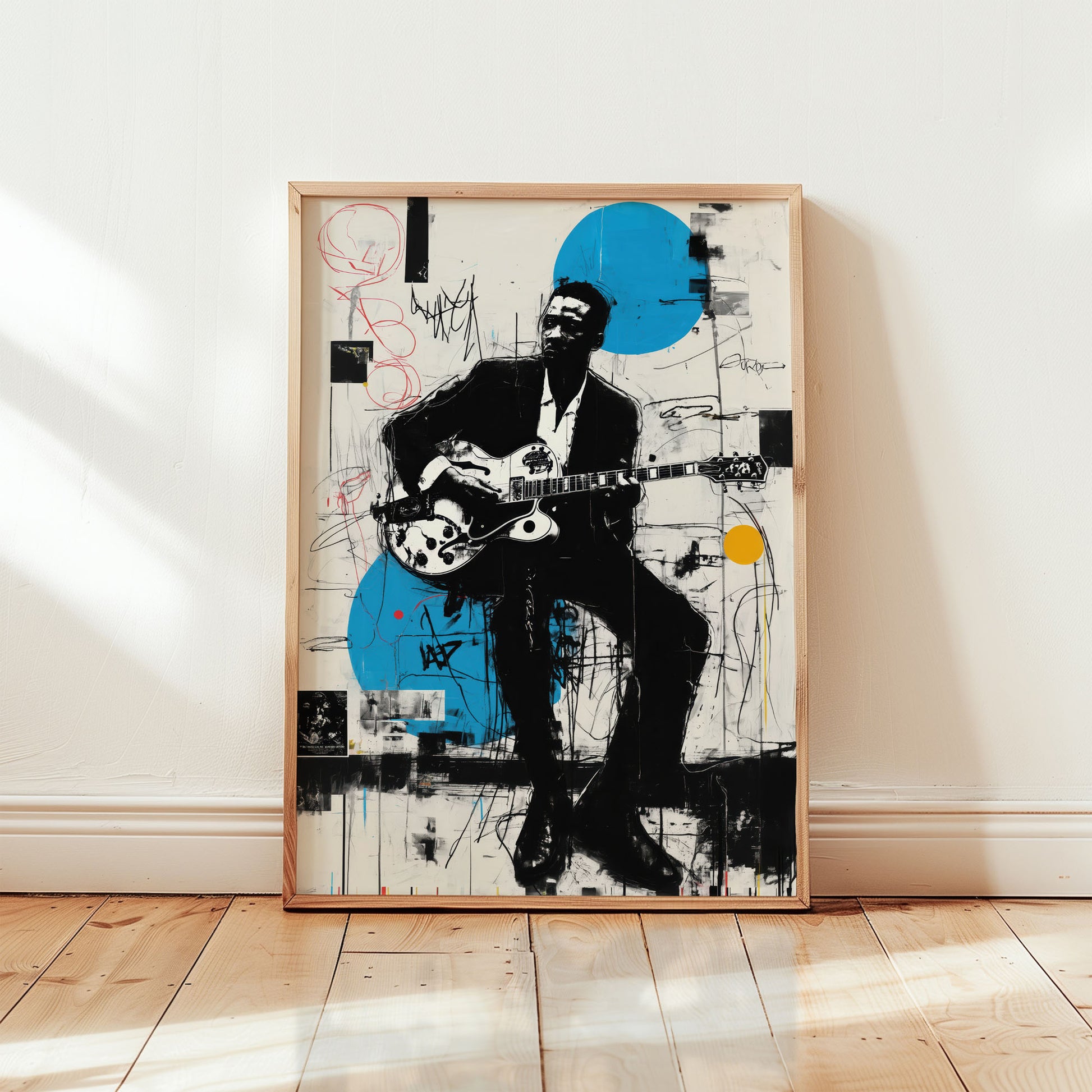 Modern Wes Montgomery jazz guitar wall art featuring abstract shapes and illustration wall decor from Wallgarde
