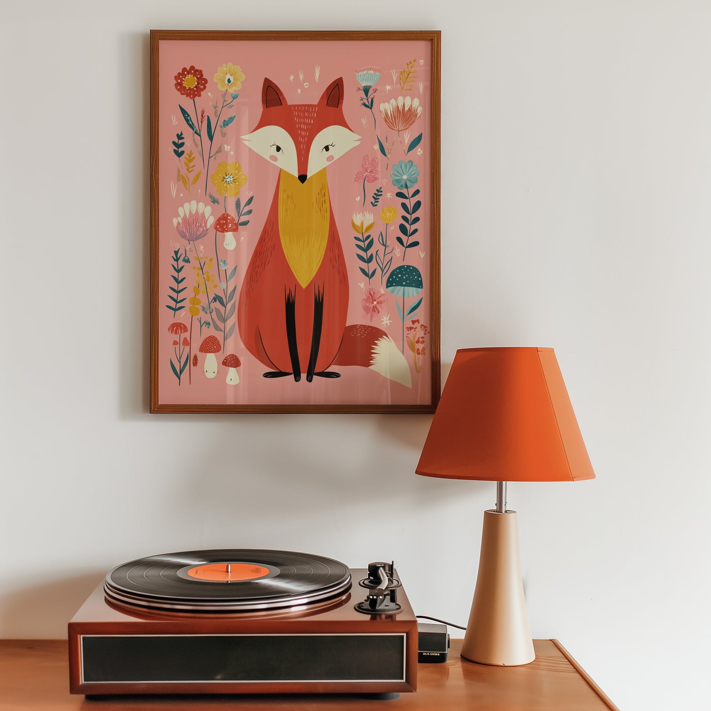Framed artwork of a fox with flowers above a record player on a wooden surface.
