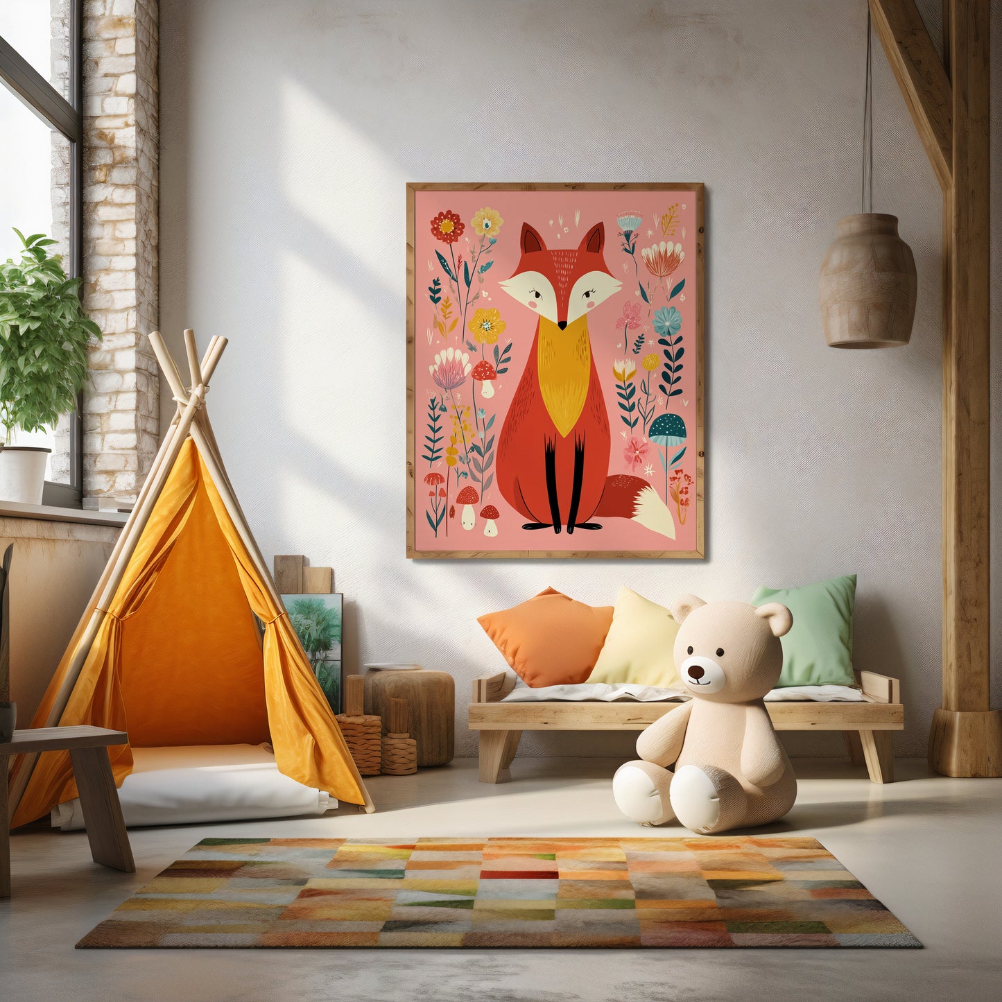Children's room with a fox-themed wall art, teepee, and teddy bear.