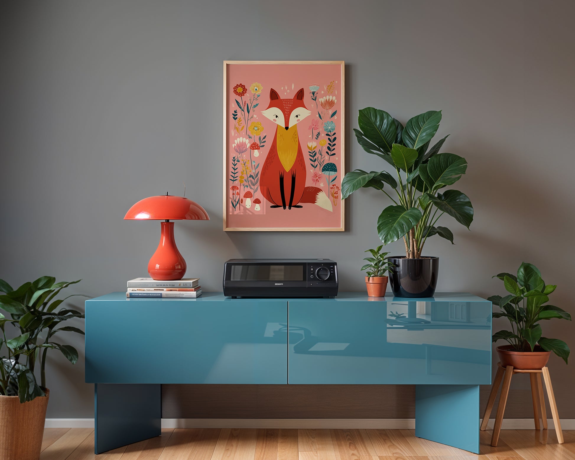Modern interior with a blue console table, red lamp, and framed fox artwork on a gray wall.