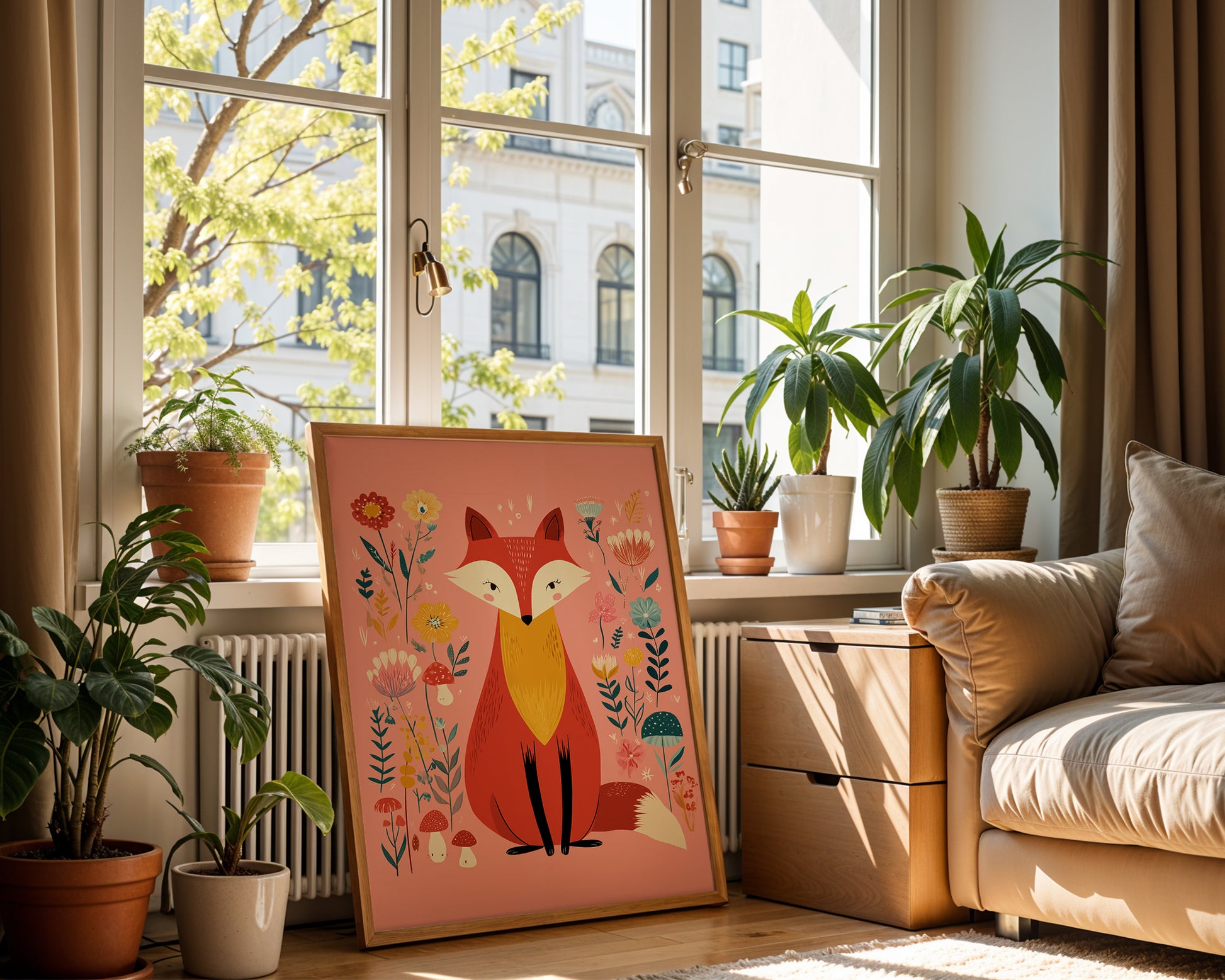 Decorative fox print on a pink background in a sunlit room with plants and a sofa.