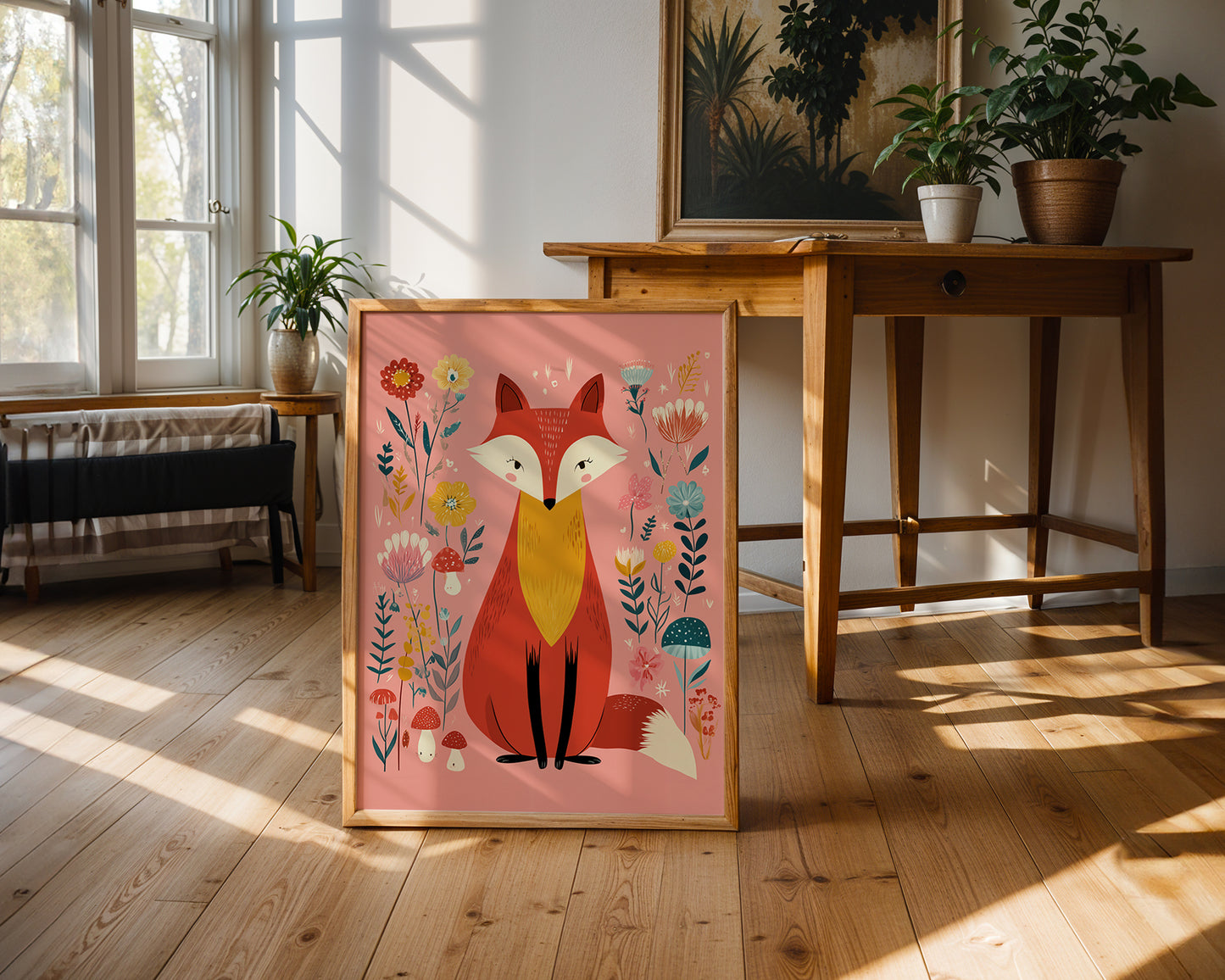 Framed artwork of a fox surrounded by flowers on a wooden floor with a table and plants in the background.