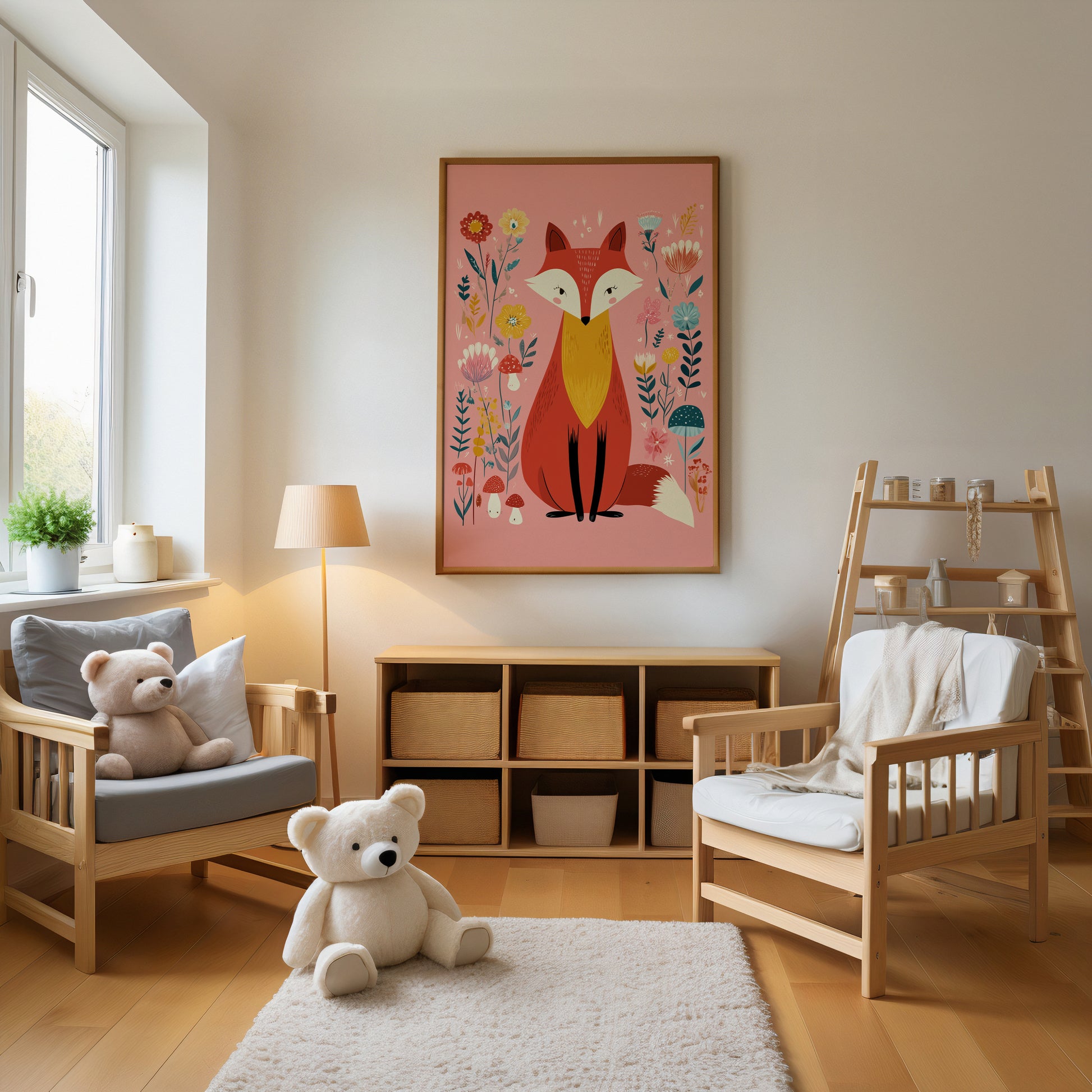 Children's room with wooden furniture, teddy bears, and a fox-themed wall art.