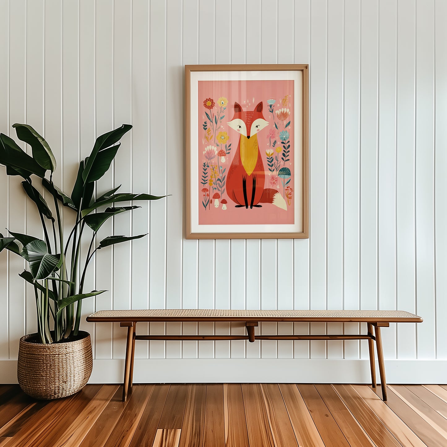 Framed artwork of a fox on a wall above a wooden bench with a plant beside it.