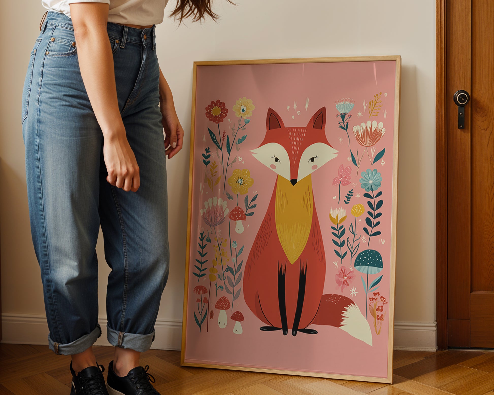Person standing next to a framed illustration of a fox on a pink background