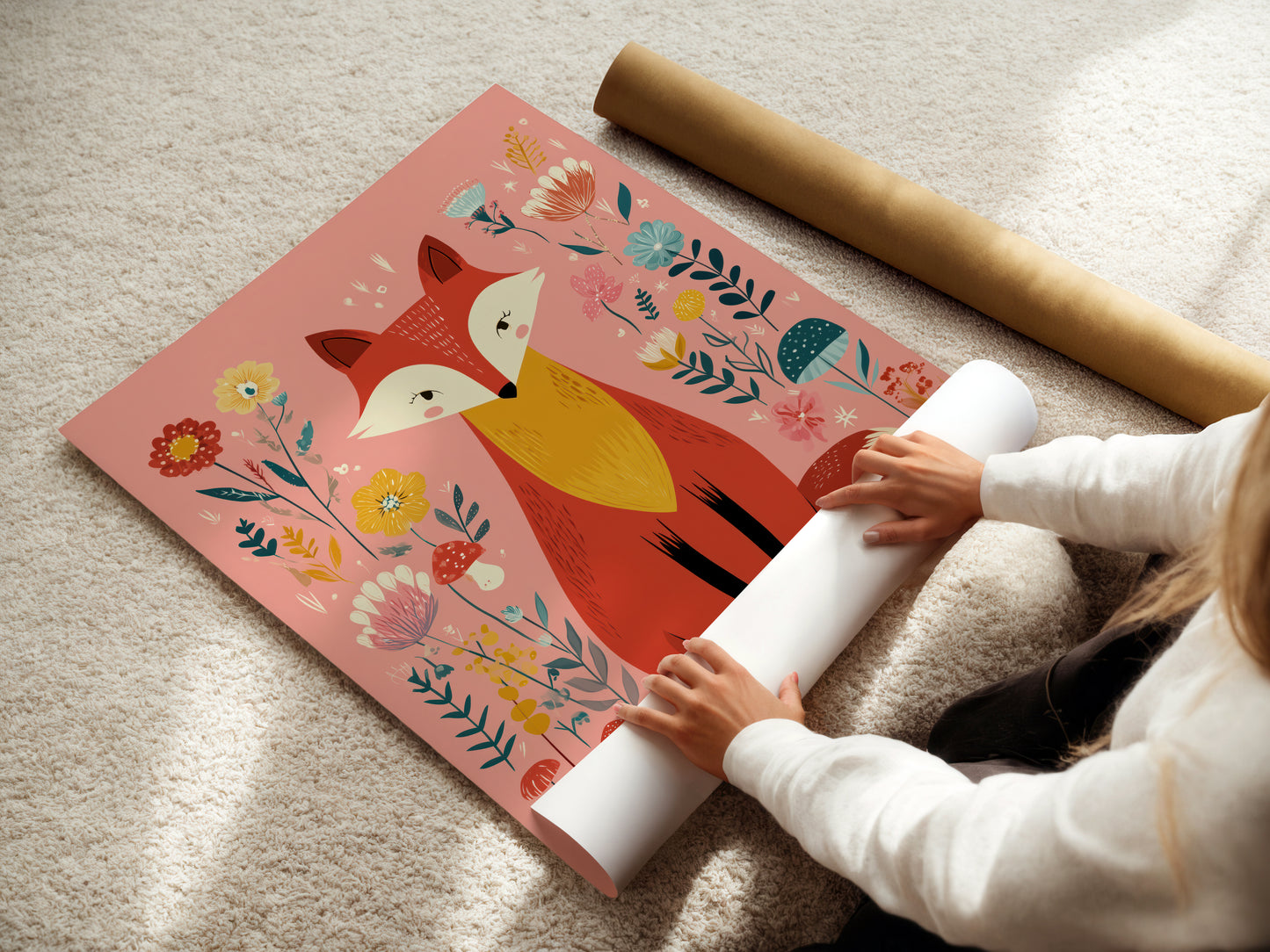 Person unrolling a pink children's rug with a fox design on a beige carpet.