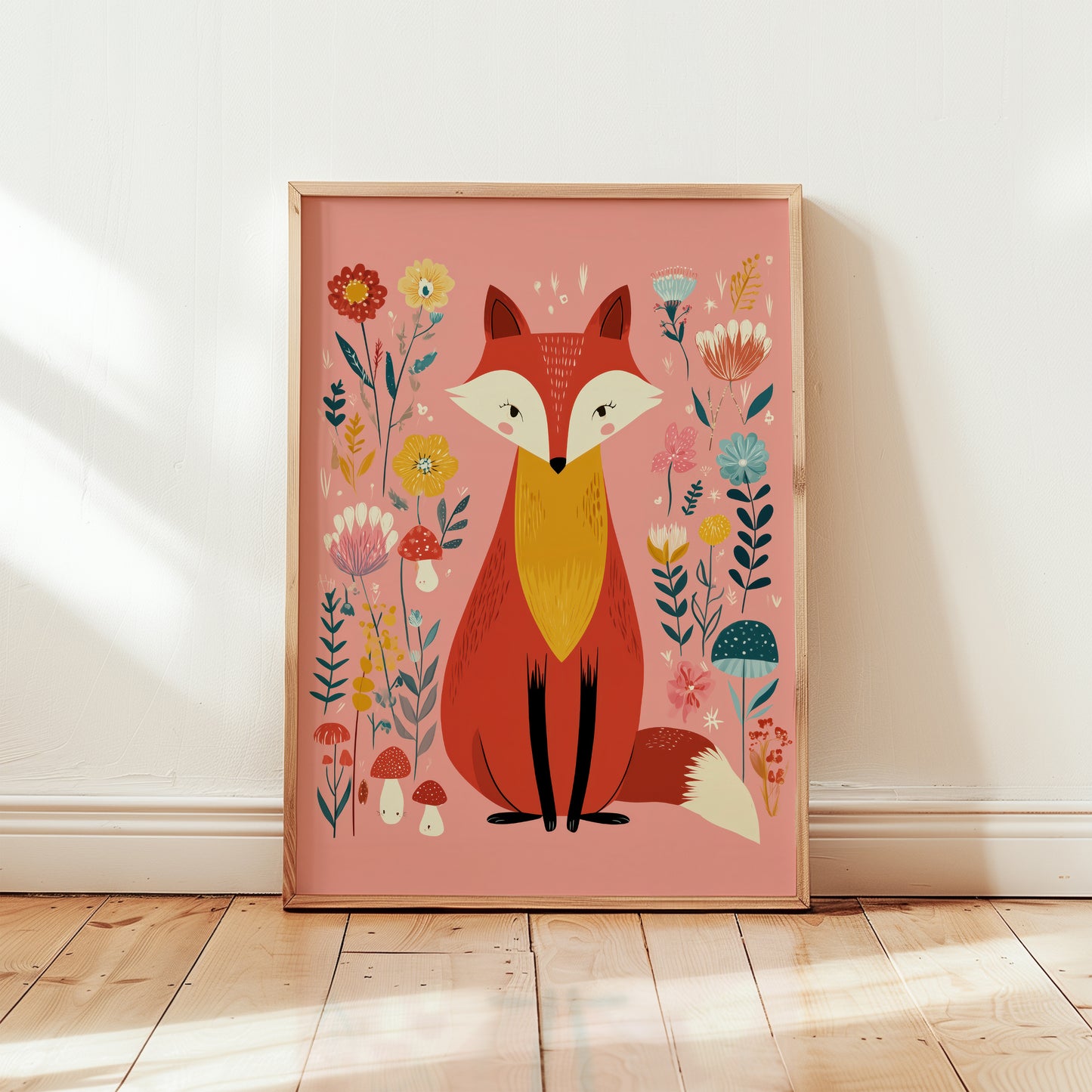 Framed botanical fox art print in wooden frame, folk illustration with red fox wildflowers and mushrooms on blush pink background