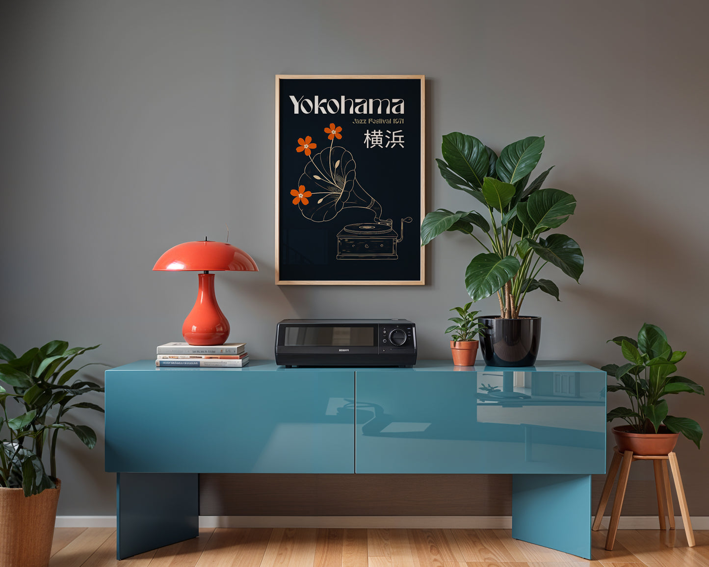 Modern interior with a blue console table, red lamp, and 'Yokohama' poster.
