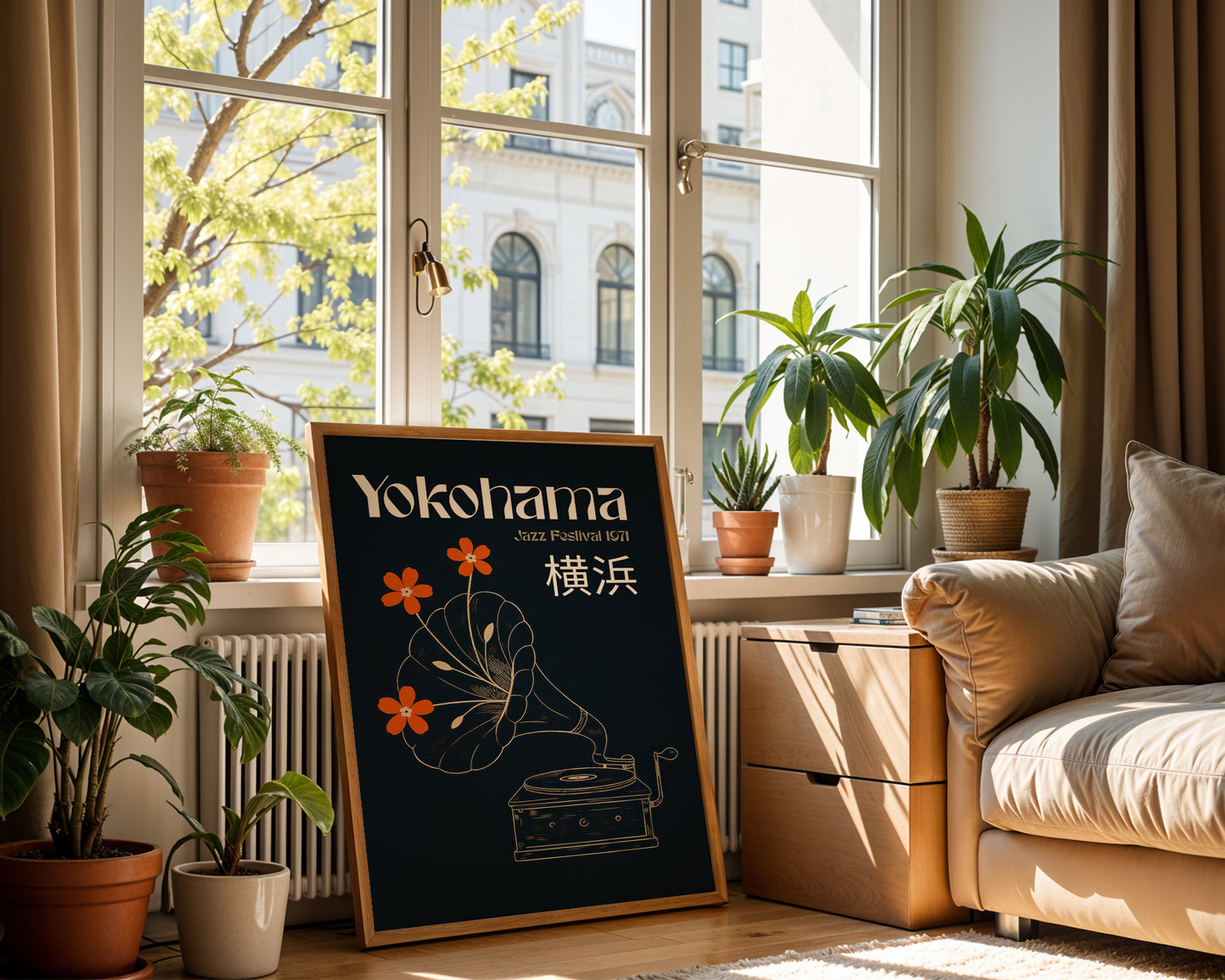 Living room with a large window, plants, and a 'Yokohama' sign.