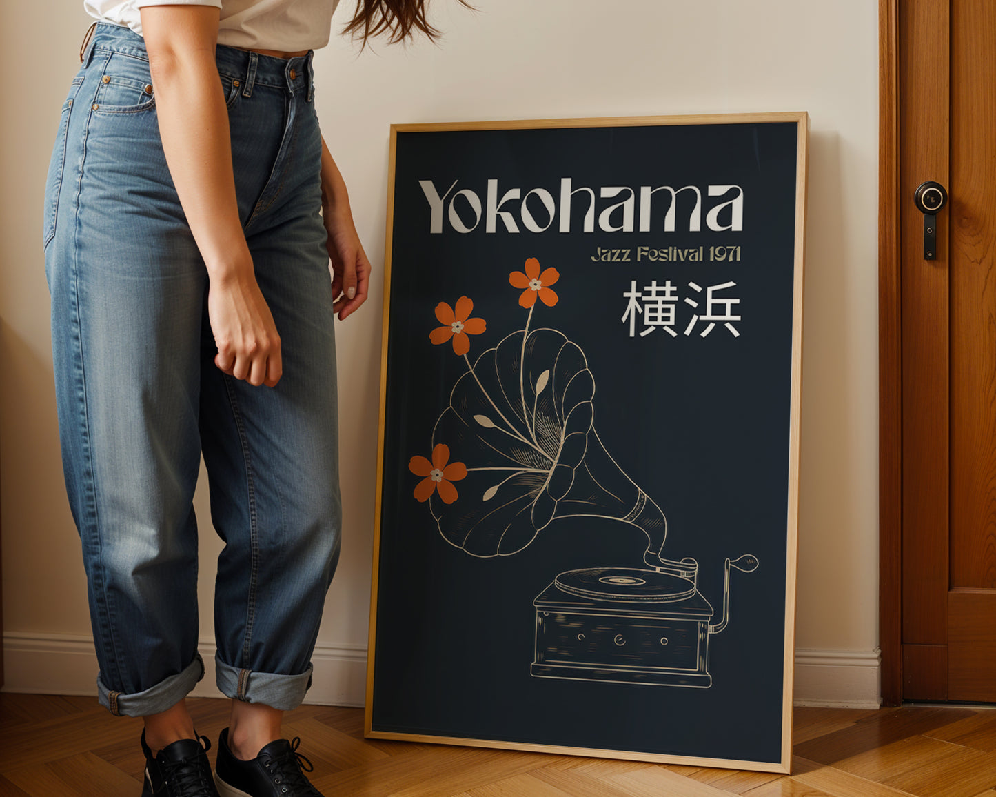 Person standing next to a framed poster of Yokohama Jazz Festival 1971 with a gramophone illustration.