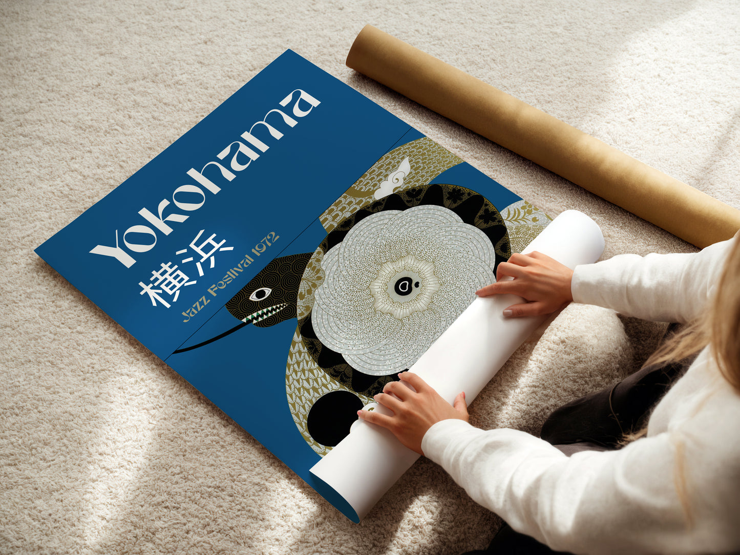 woman with a Japanese music poster