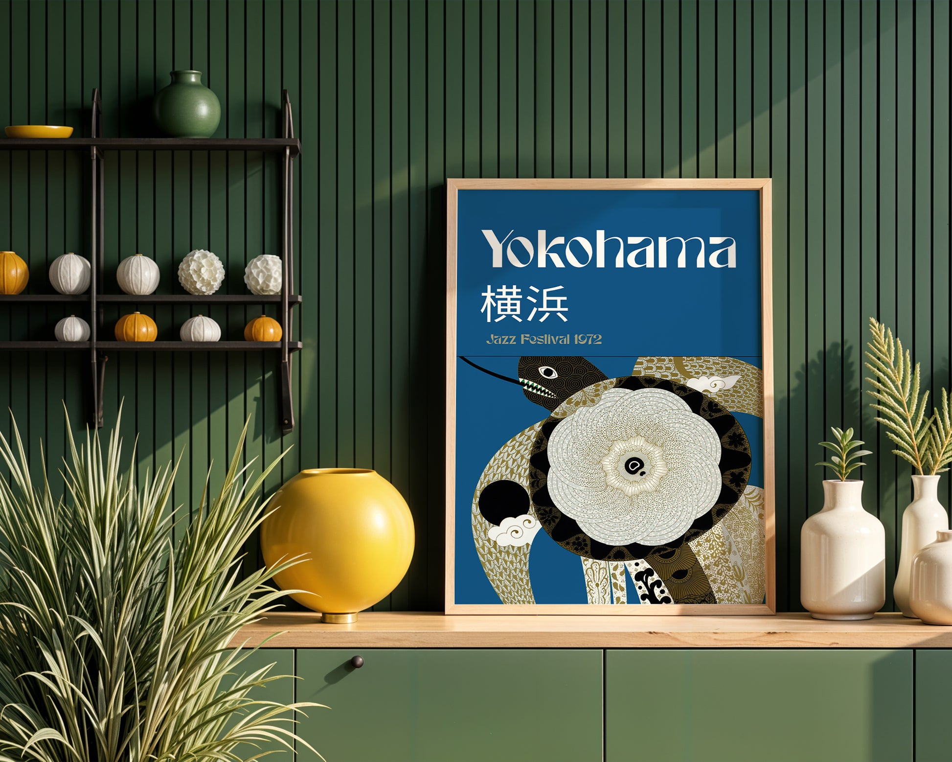 eclectic botanical Japanese art print framed, in warm minimalist olive green kitchen interior.