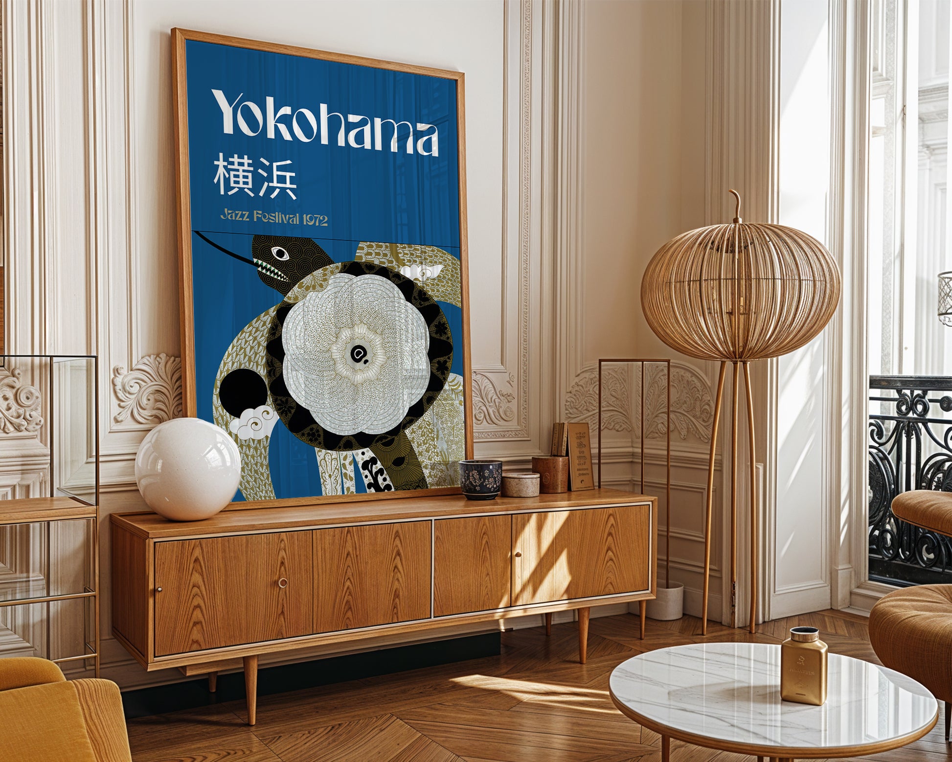 framed Yokohama 1972 jazz festival poster in wooden frame, teal blue Japanese illustration print in a warm minimalist French apartment. 