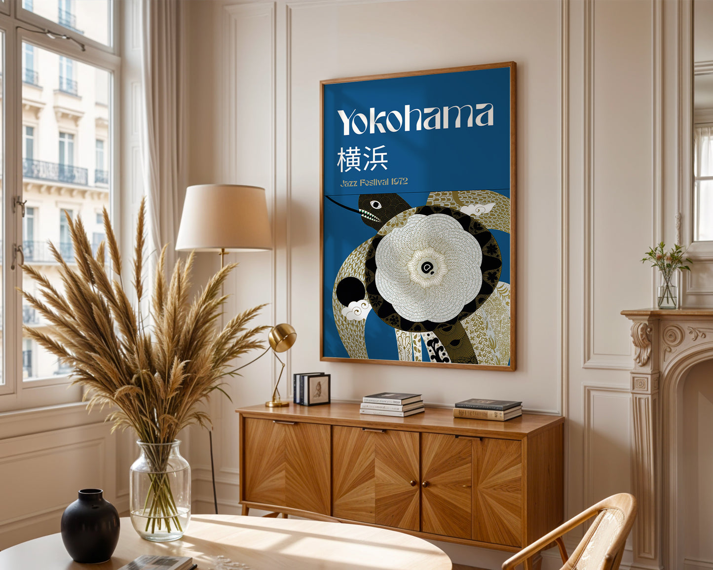 framed Yokohama 1972 jazz festival poster in wooden frame, teal blue Japanese illustration print in a warm minimalist Parisian apartment. 