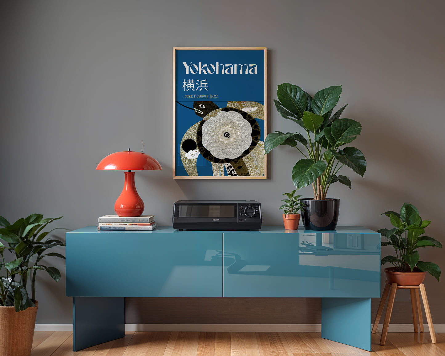 vintage Japanese art print in a music room interior. 