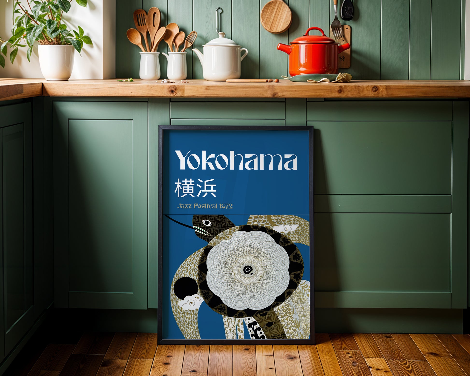 Modern Yokohama Japan jazz poster with traditional Japanese pattern design in modern kitchen interior. 