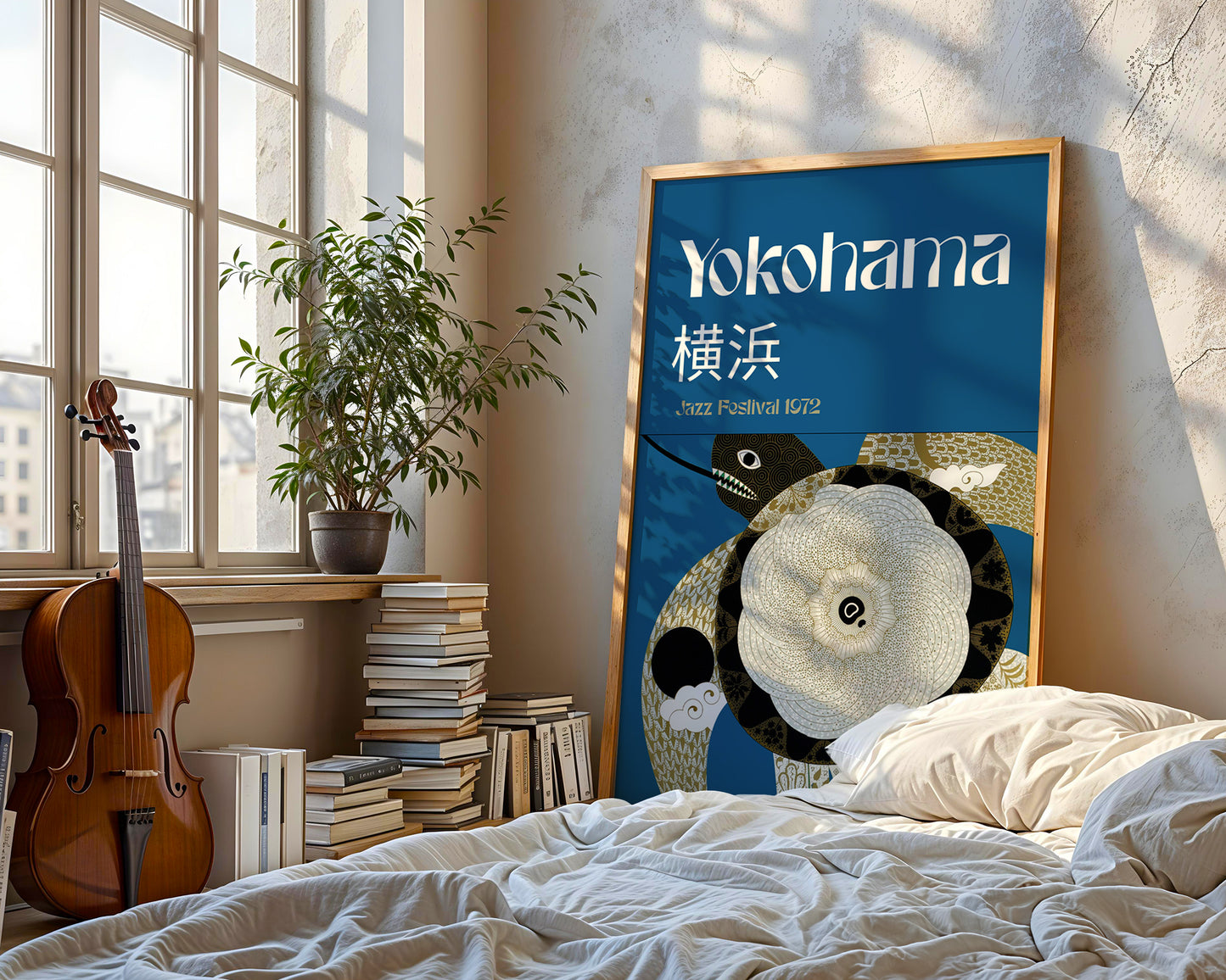 Yokohama jazz festival poster with Japanese graphic design and abstract motifs in a cool loft apartment.