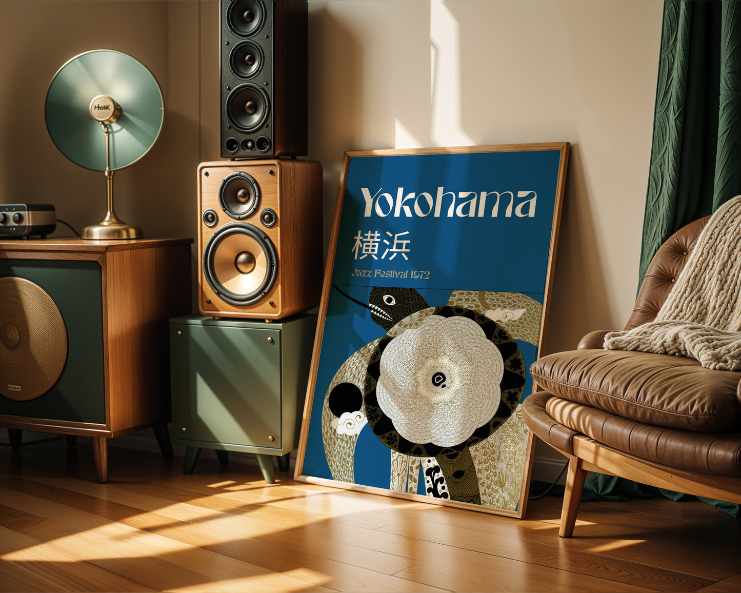 Japanese graphic design art poster in a dark academia music studio interior. 