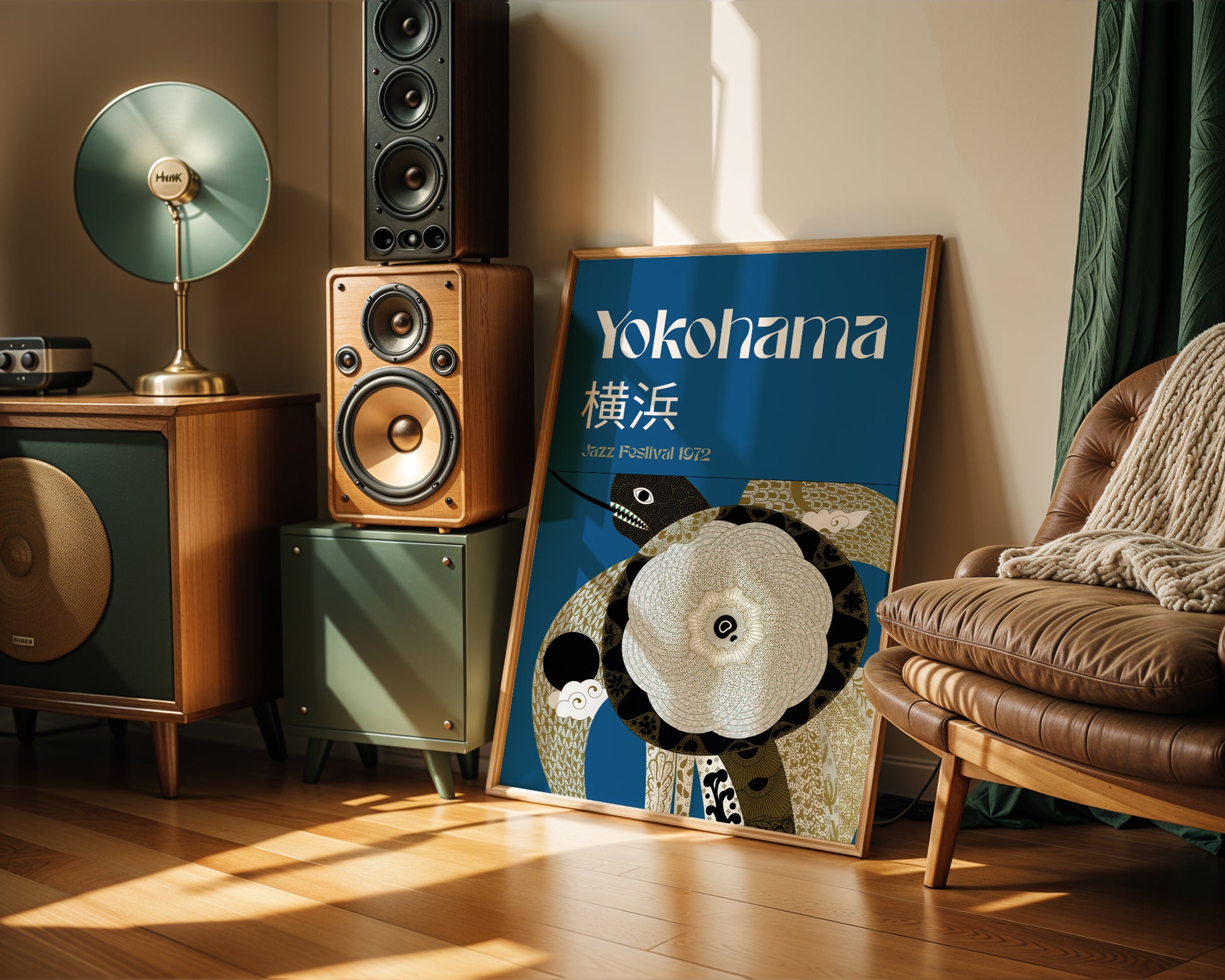 Japanese graphic design art poster in a dark academia music studio interior. 