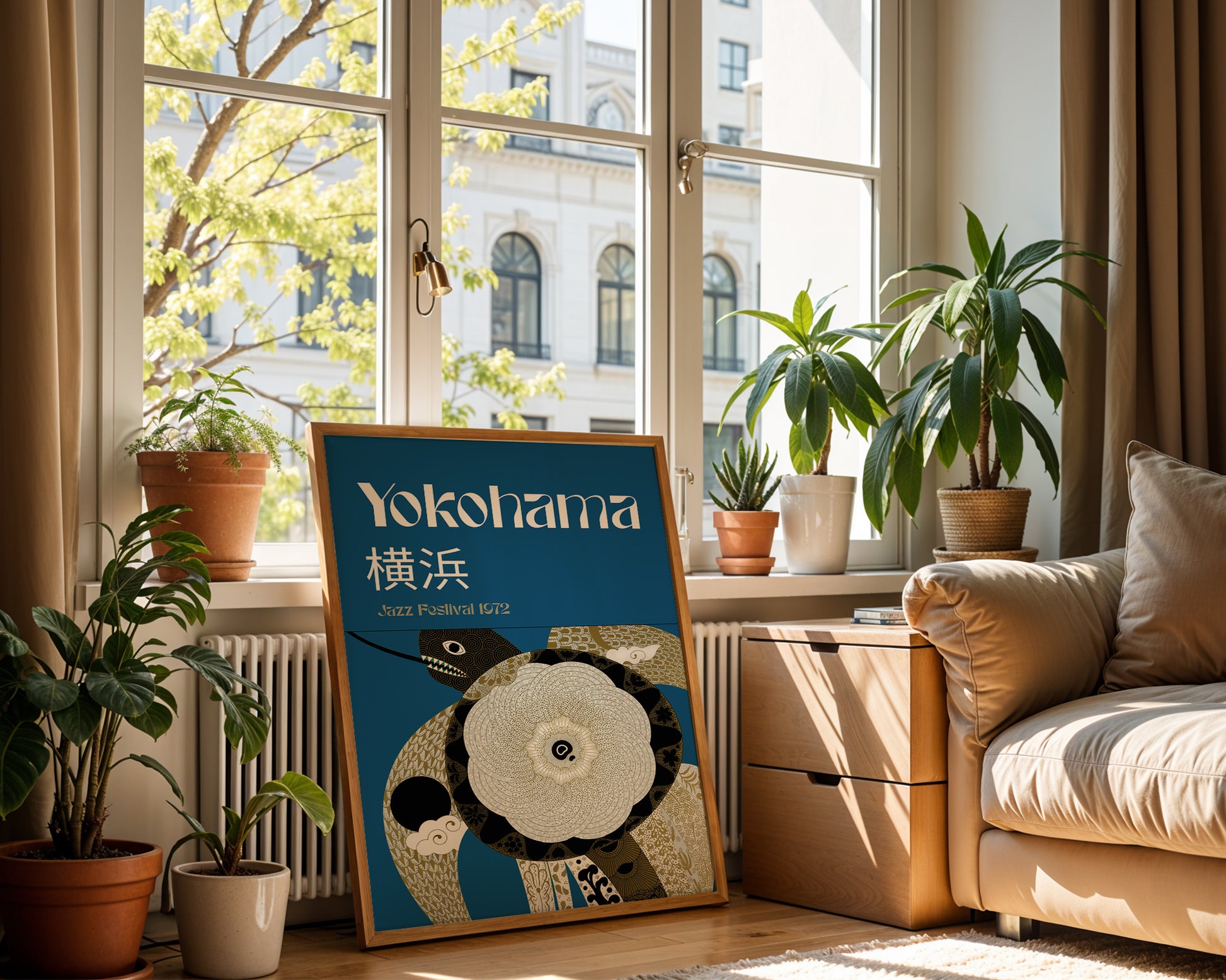 teal and gold jazz art print, in a mid century modern berlin Studio apartment. 
