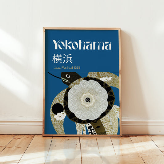 Framed Yokohama 1972 jazz festival poster in wooden frame, teal blue Japanese illustration print with snake and camellia flower