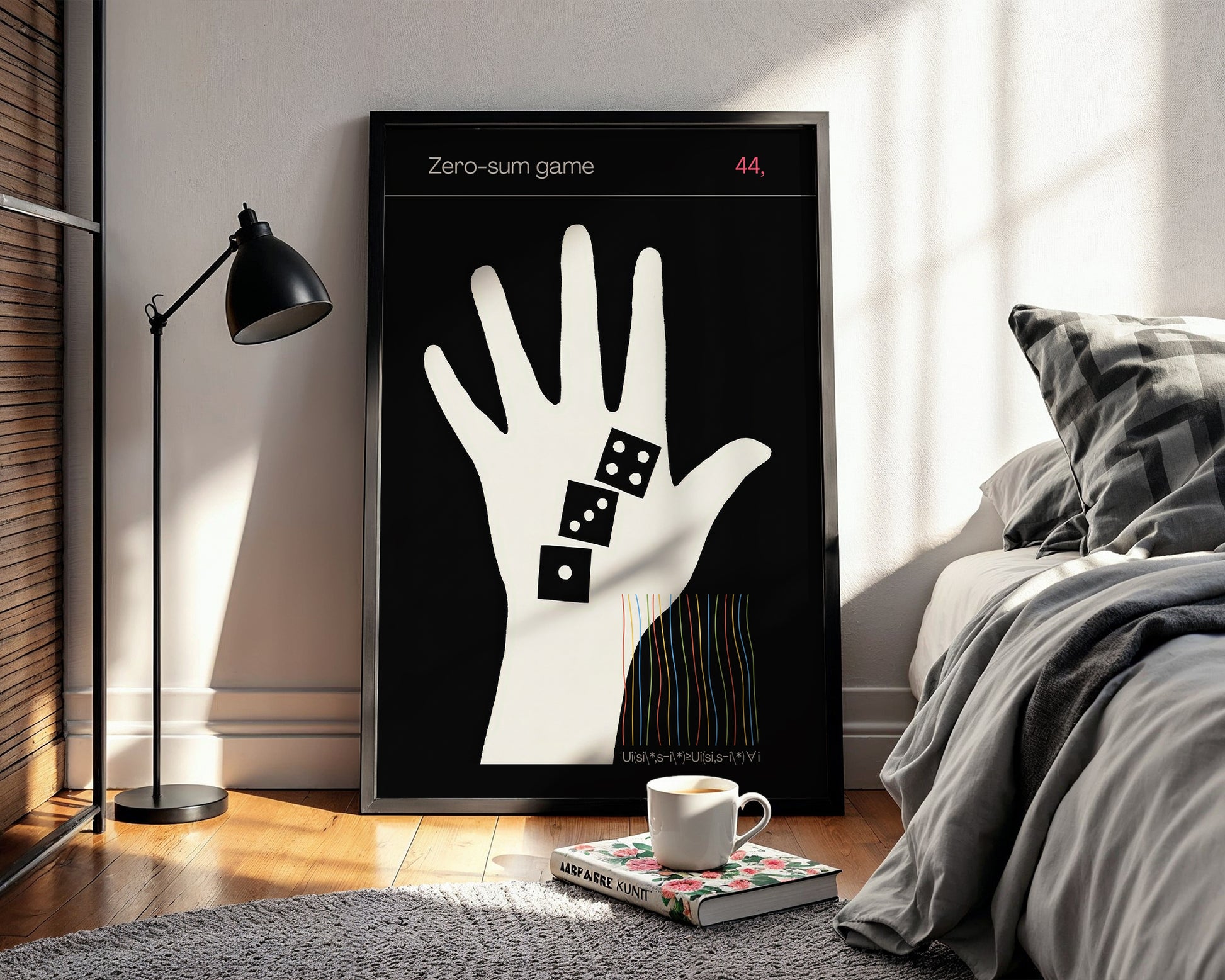 Probability artwork of a hand with dice on a wall in a bedroom setting