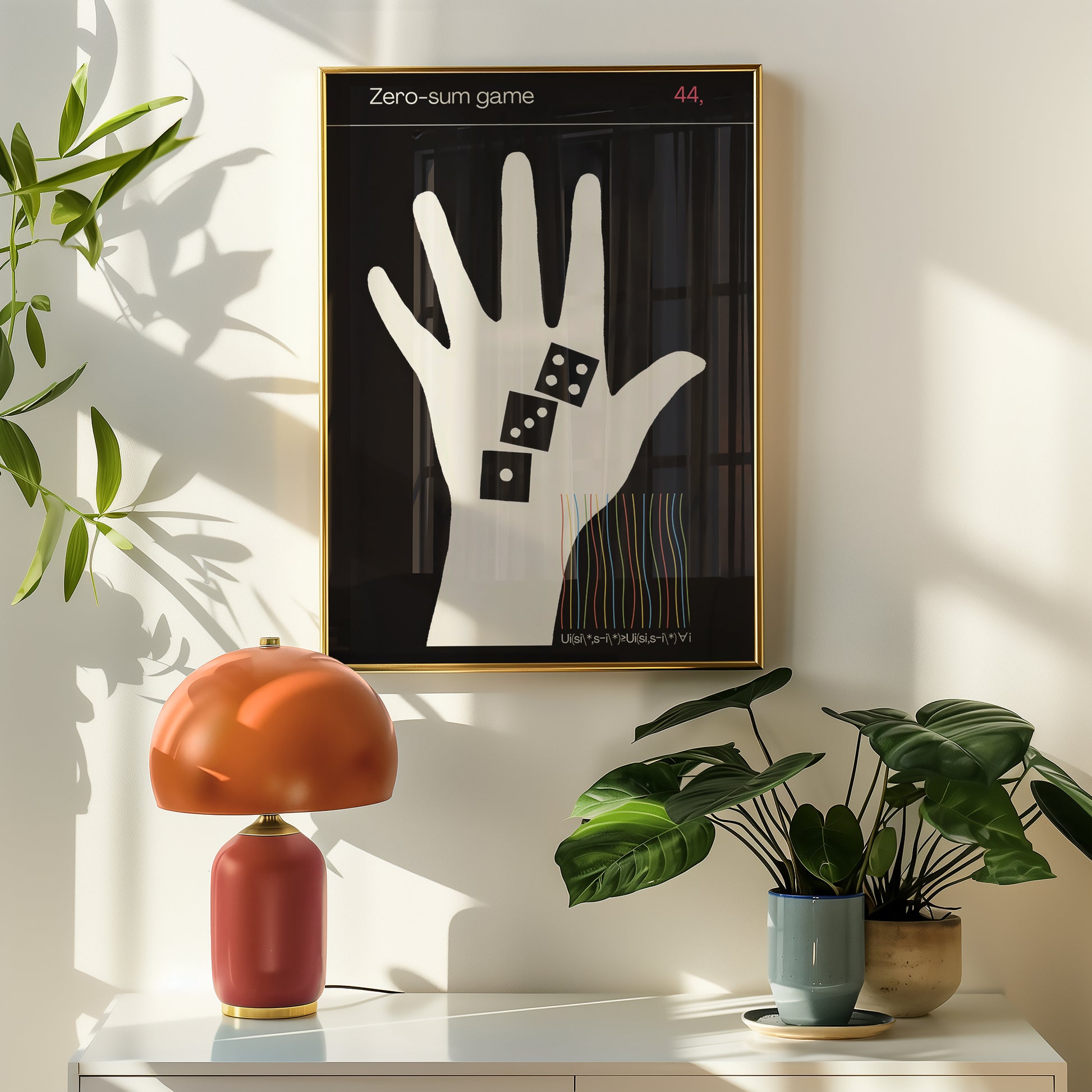 Framed artwork of a hand with dice on a wall above a table with a lamp and plants.