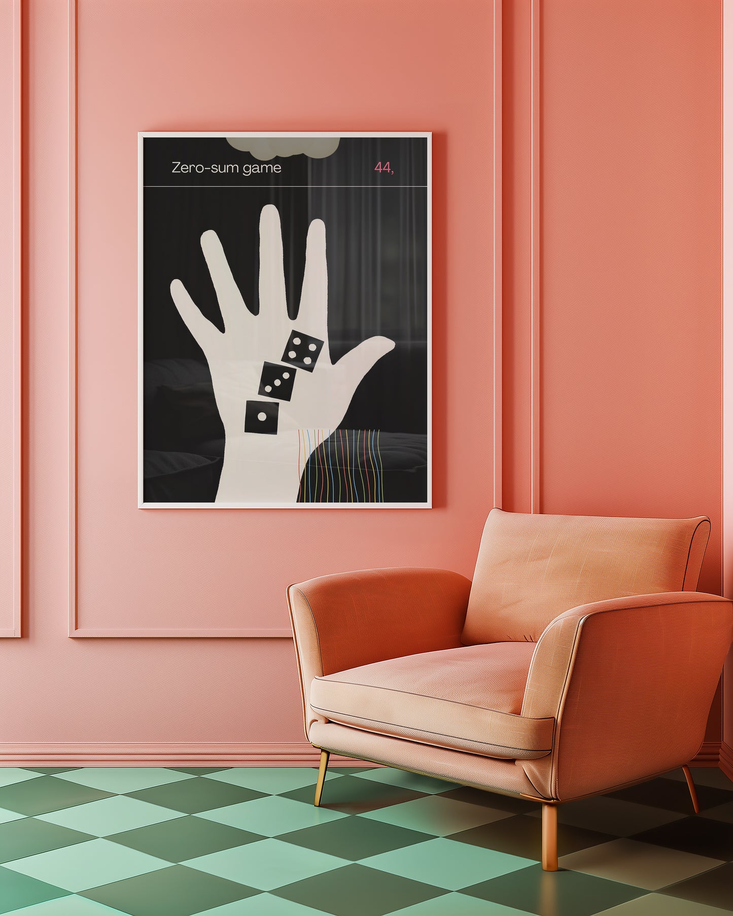 Poster of a hand with dice against a pink wall with a peach armchair below.