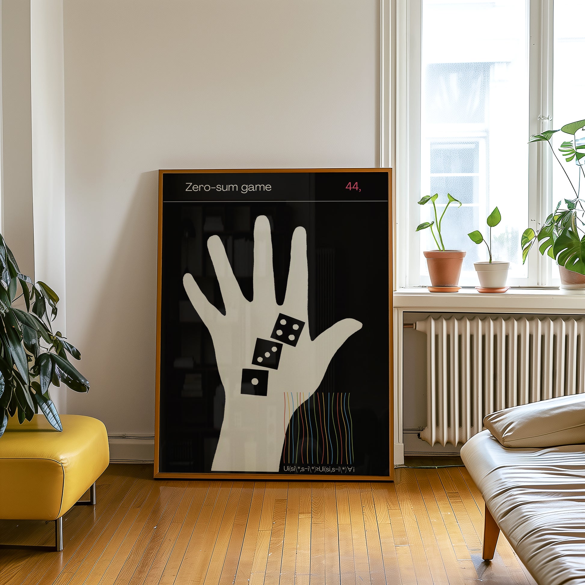 Framed artwork of lucky dice on a black background in a living room.